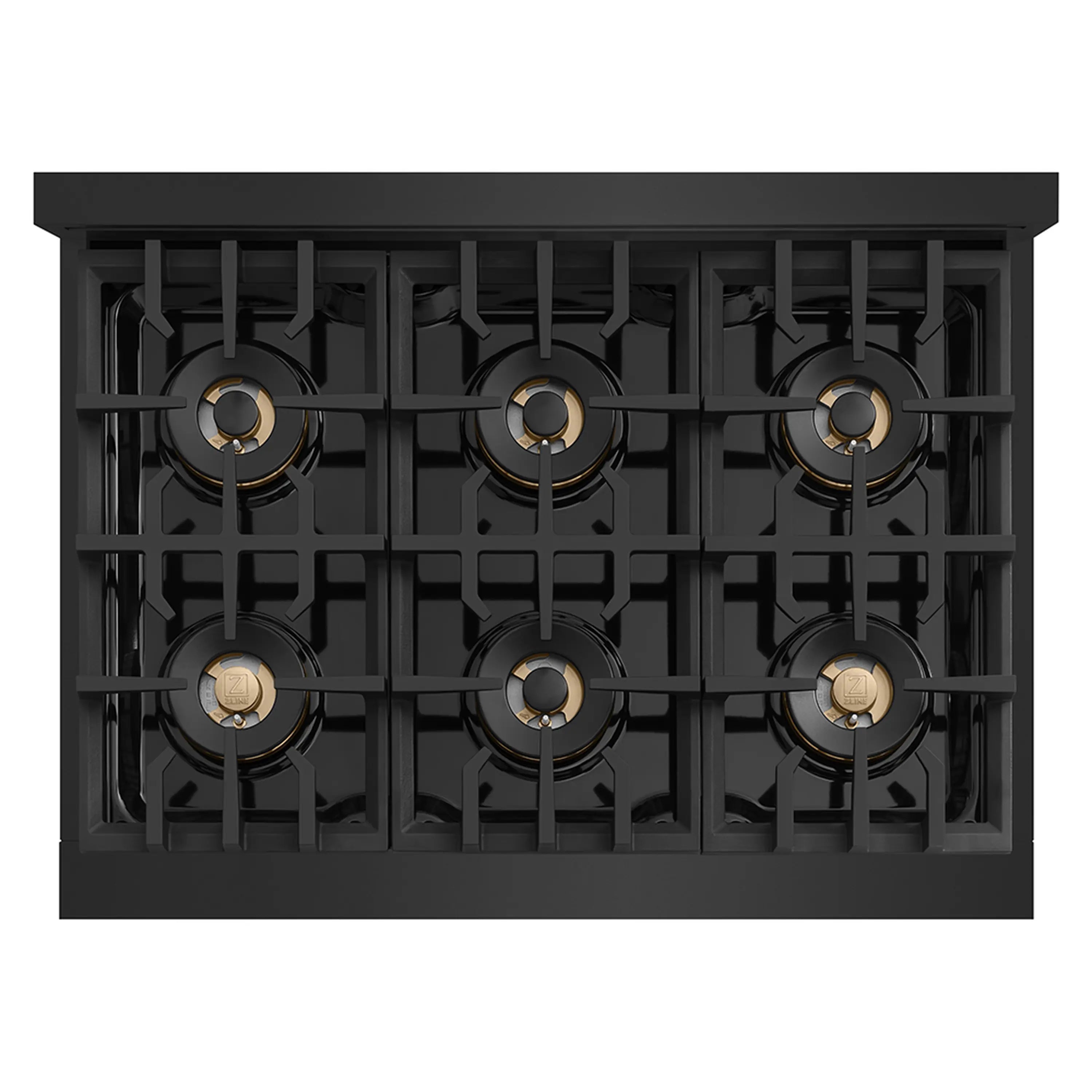 Top view of black gas rangetop with six burners and champagne-bronze burner caps.
