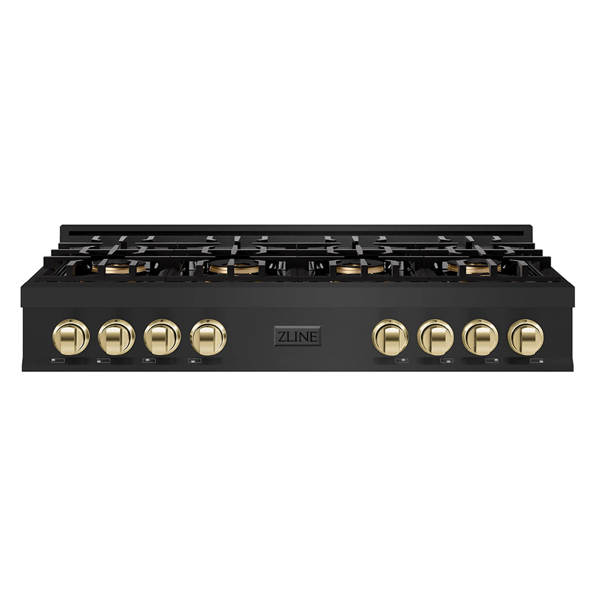 48-inch black gas rangetop with eight gold control knobs and central ZLINE logo.