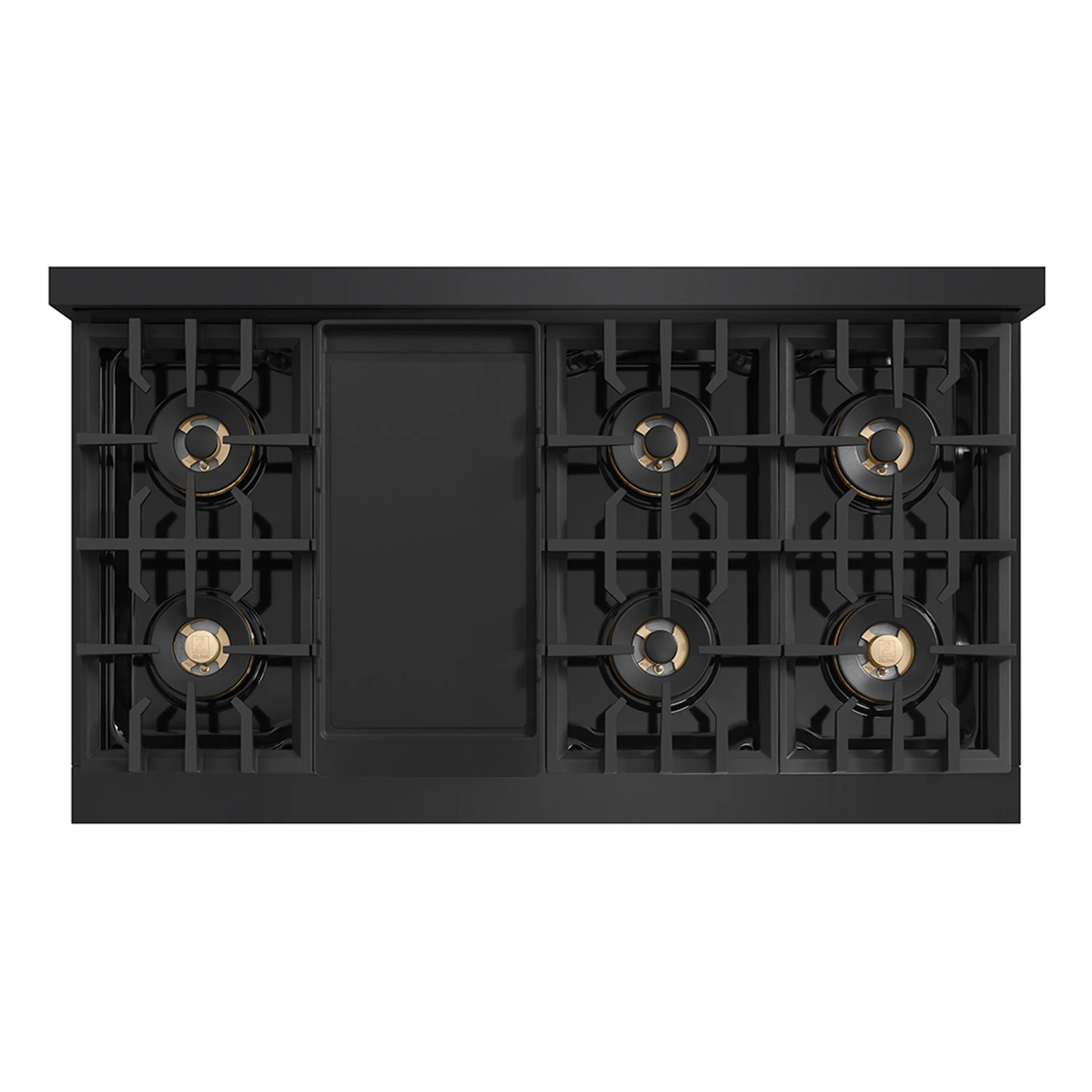 Black gas rangetop with gold control knobs and eight burners in a rectangular layout.