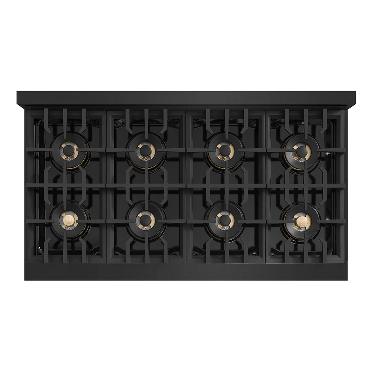 View into black gas burner cavity with multiple burner ports and gold caps