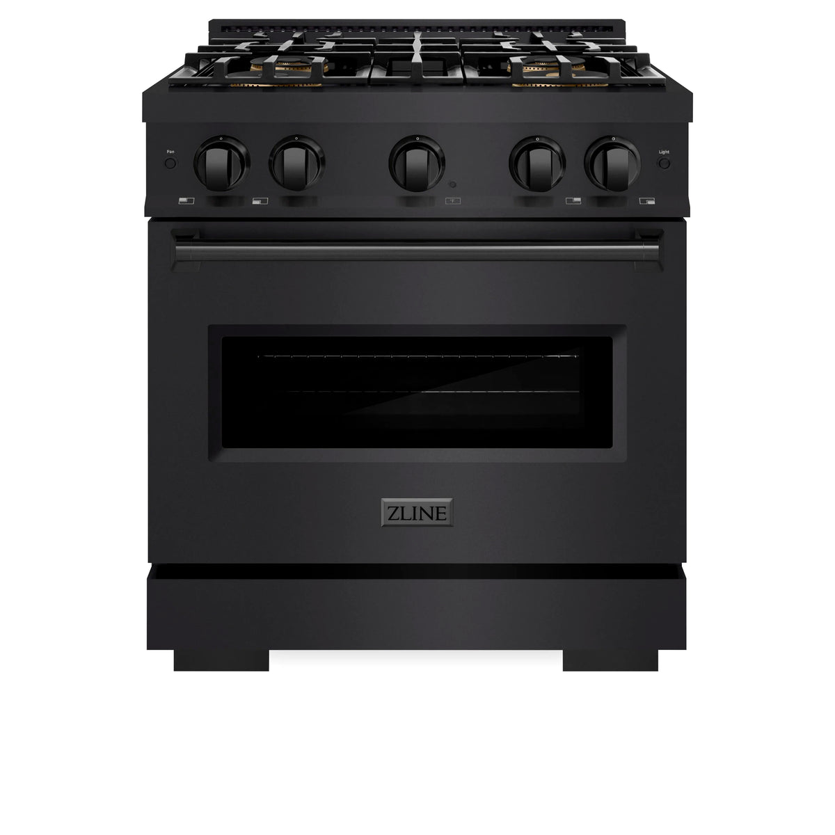 Black stainless steel dual fuel range front view with four knobs and oven window