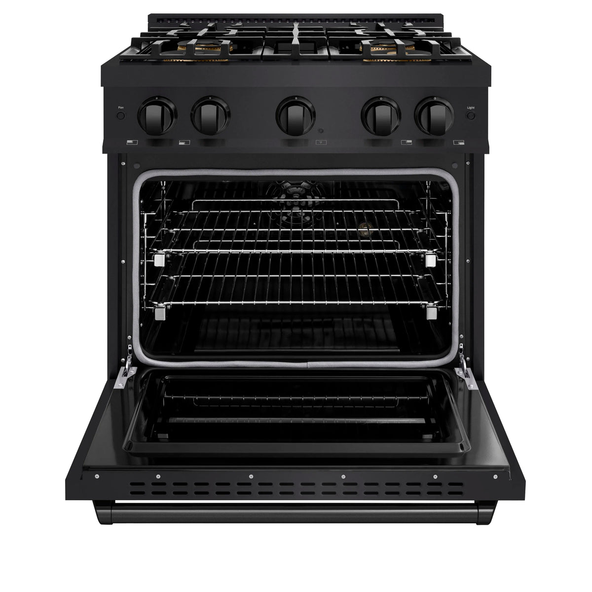 Black stainless steel dual fuel range open oven door with interior racks and heating elements