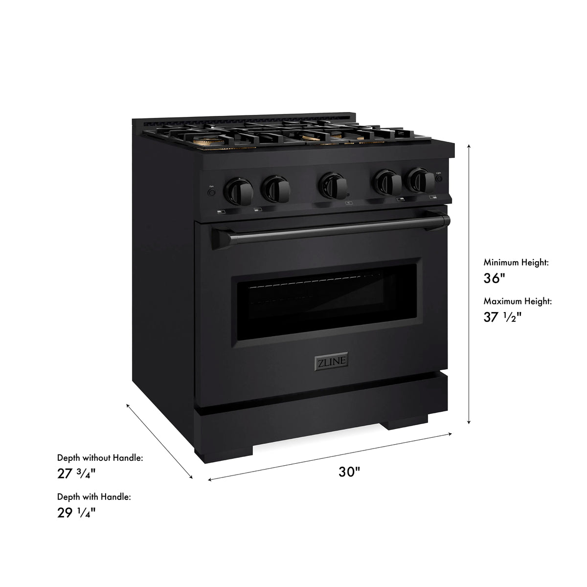 Black dual-fuel freestanding range with four burners and a convection oven