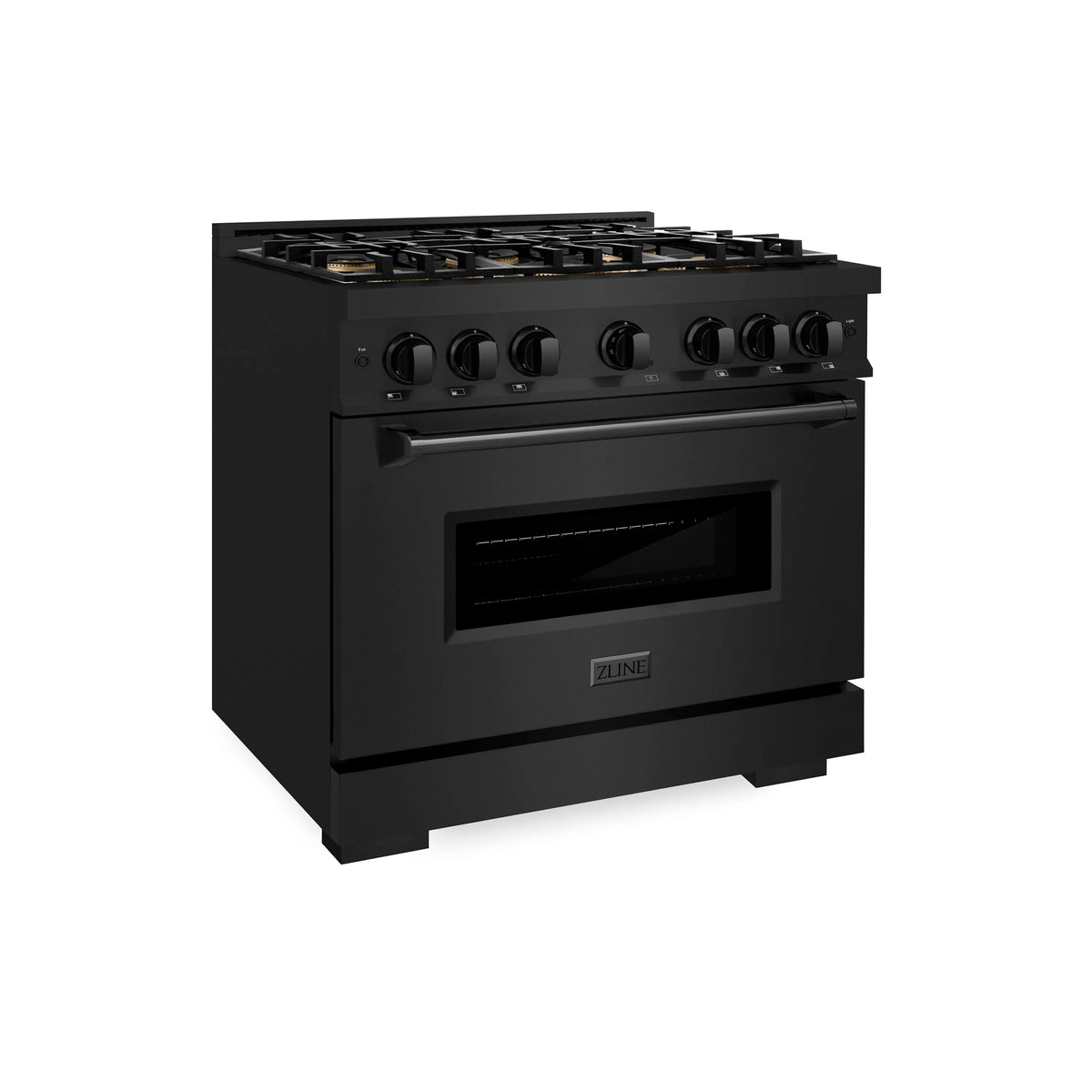 Black dual fuel range with 6-burner cooktop and built-in oven, front view.