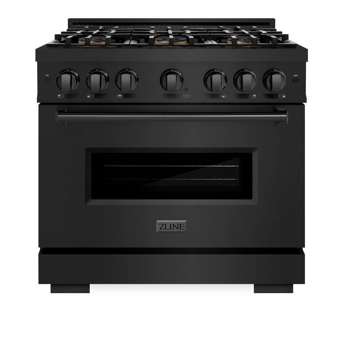 Black dual fuel range front view with 6 control knobs and windowed oven.