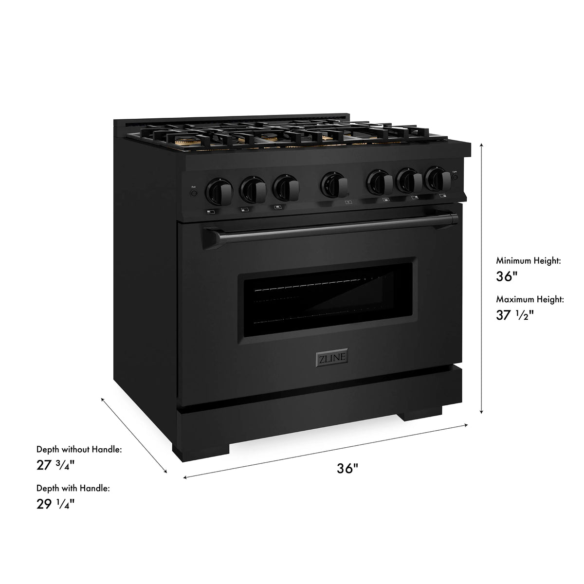 Black stainless dual fuel range with front control panel and oven door