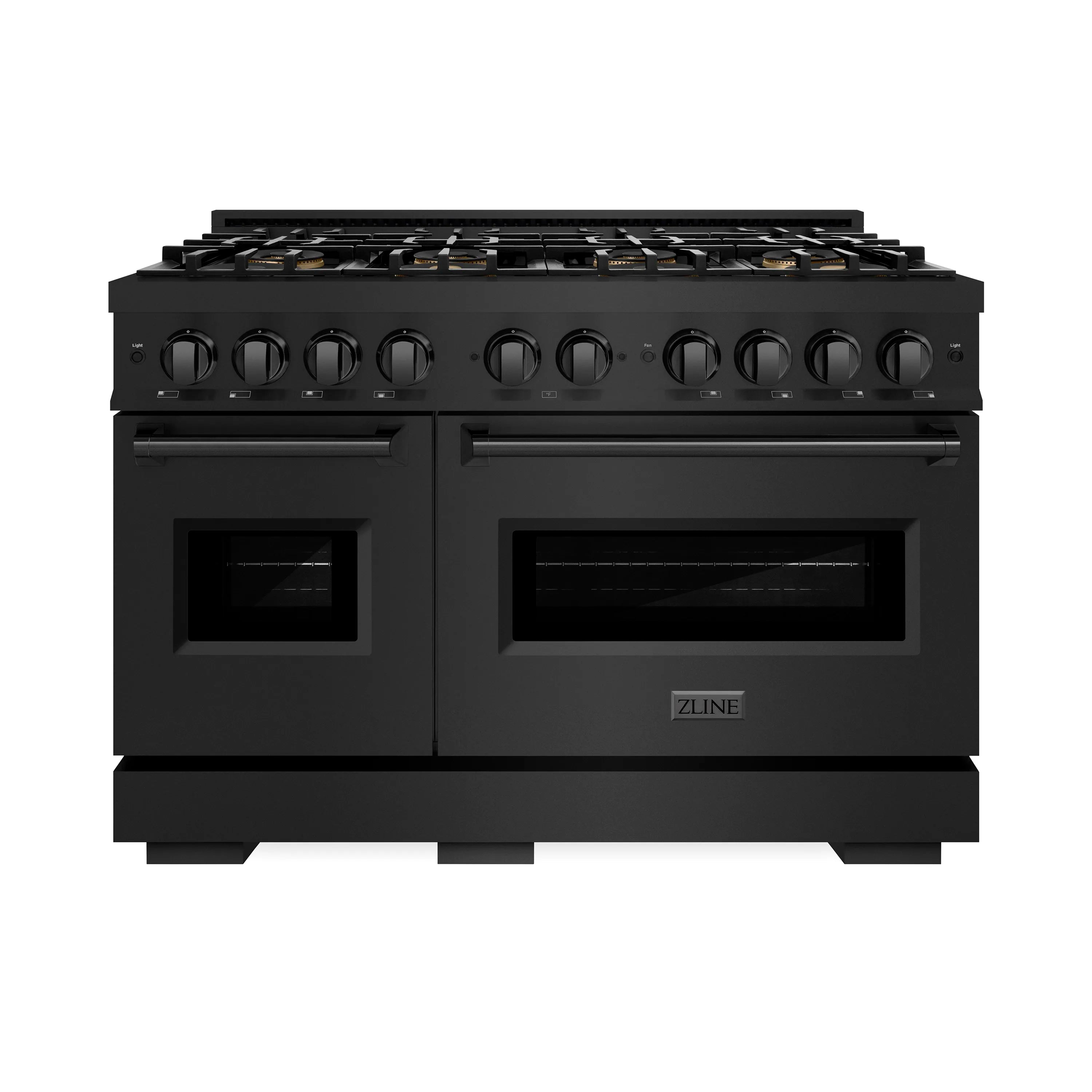 Black stainless dual fuel range with 8-burner cooktop and two ovens, front view
