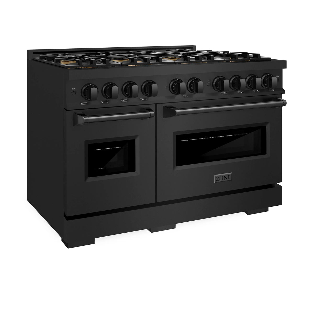 Black stainless dual fuel range with 8-burner cooktop and two ovens, angled view