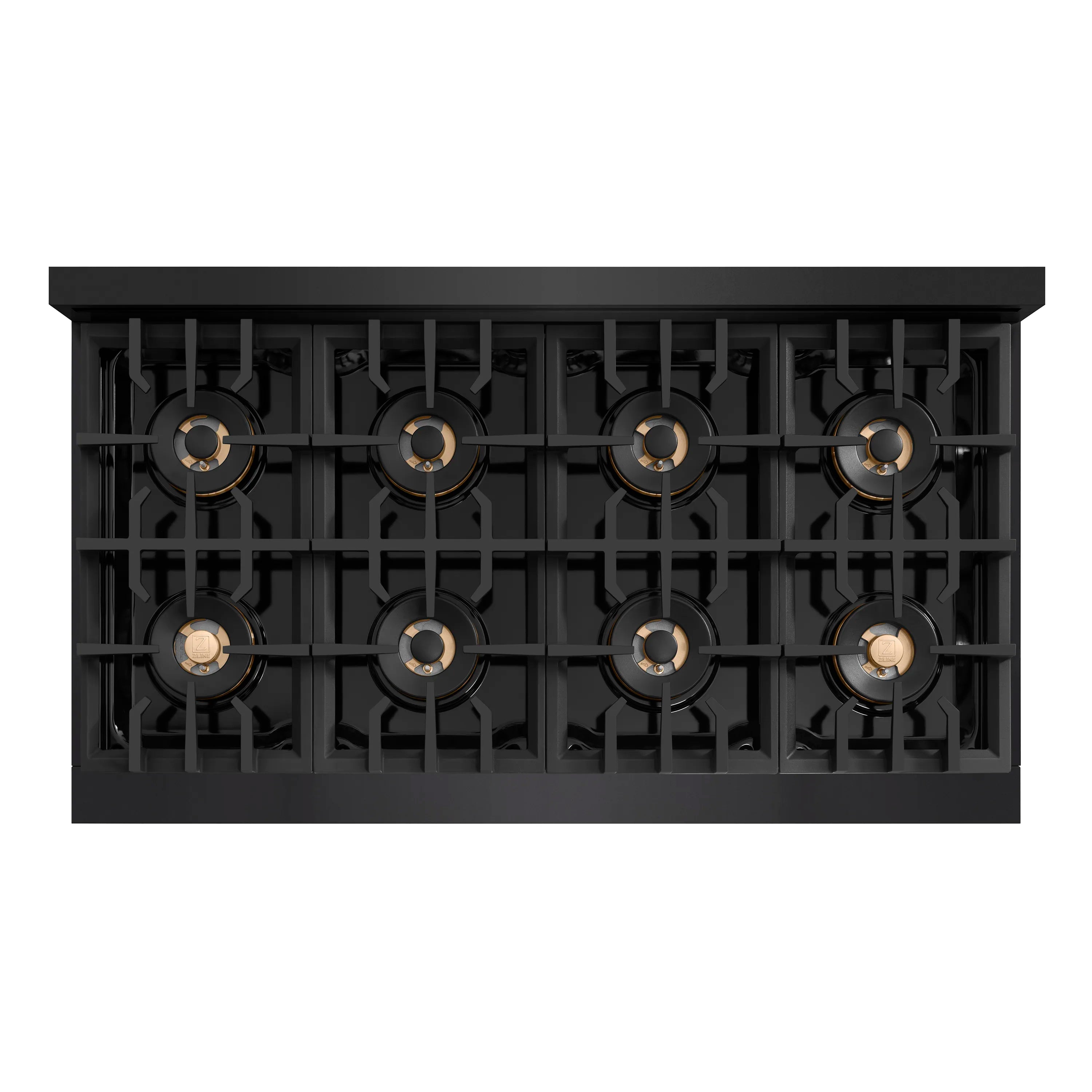 Underside view of 8-burner grates and burners on black dual fuel range cooktop