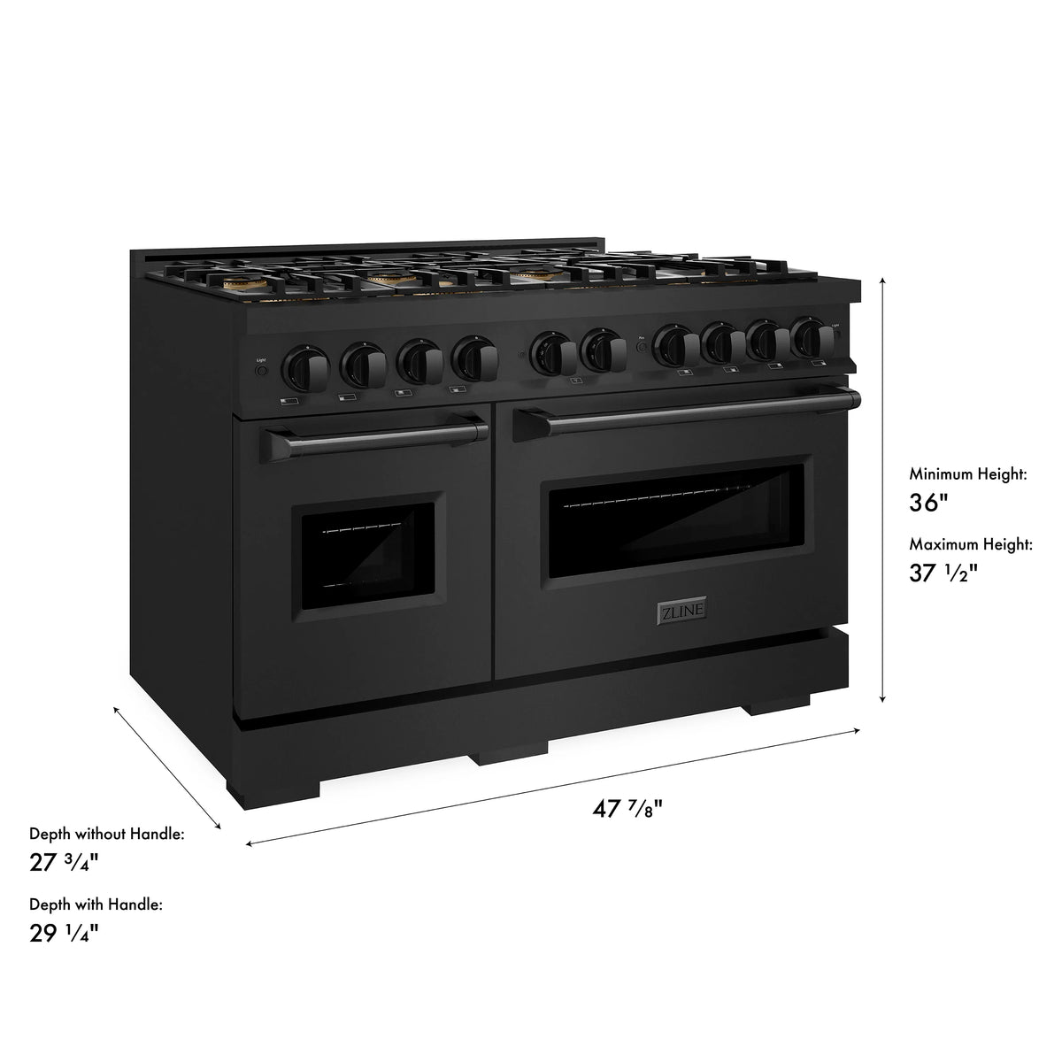 Black stainless dual fuel range with double ovens and 8-burner cooktop, side view