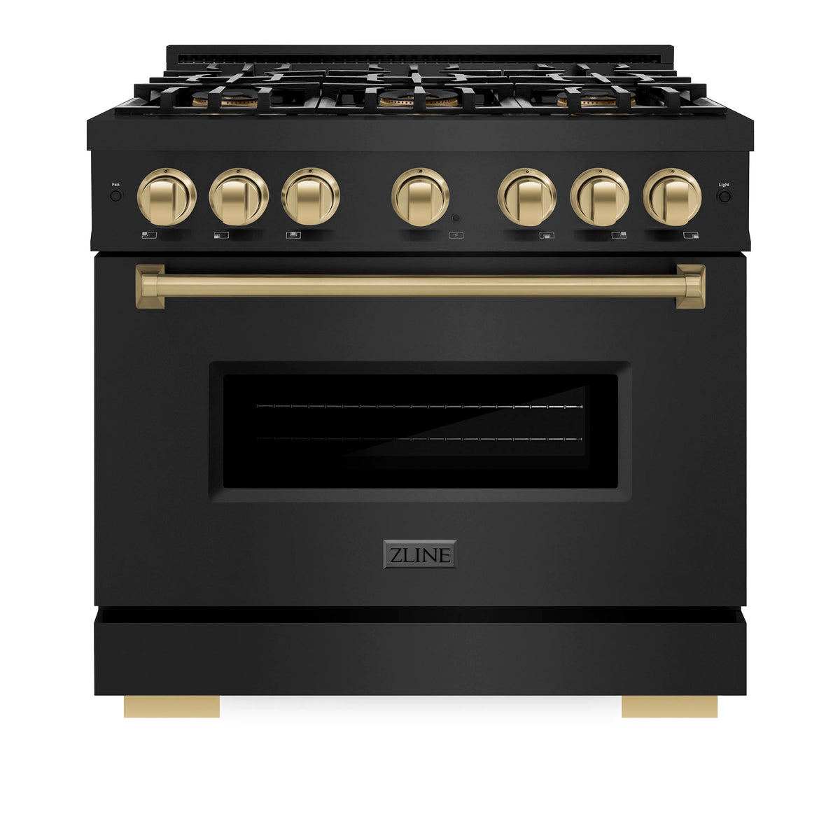 Black stainless dual fuel range with champagne control knobs and open oven window