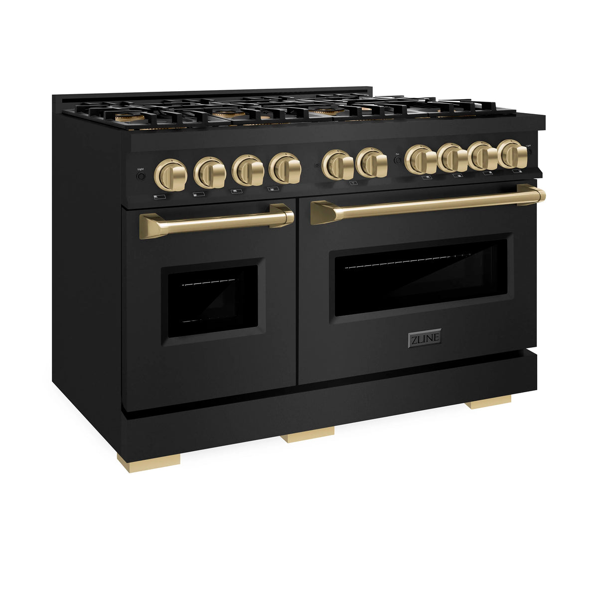 Black dual fuel range angled view with gold trim, four gold knobs, and dual oven doors