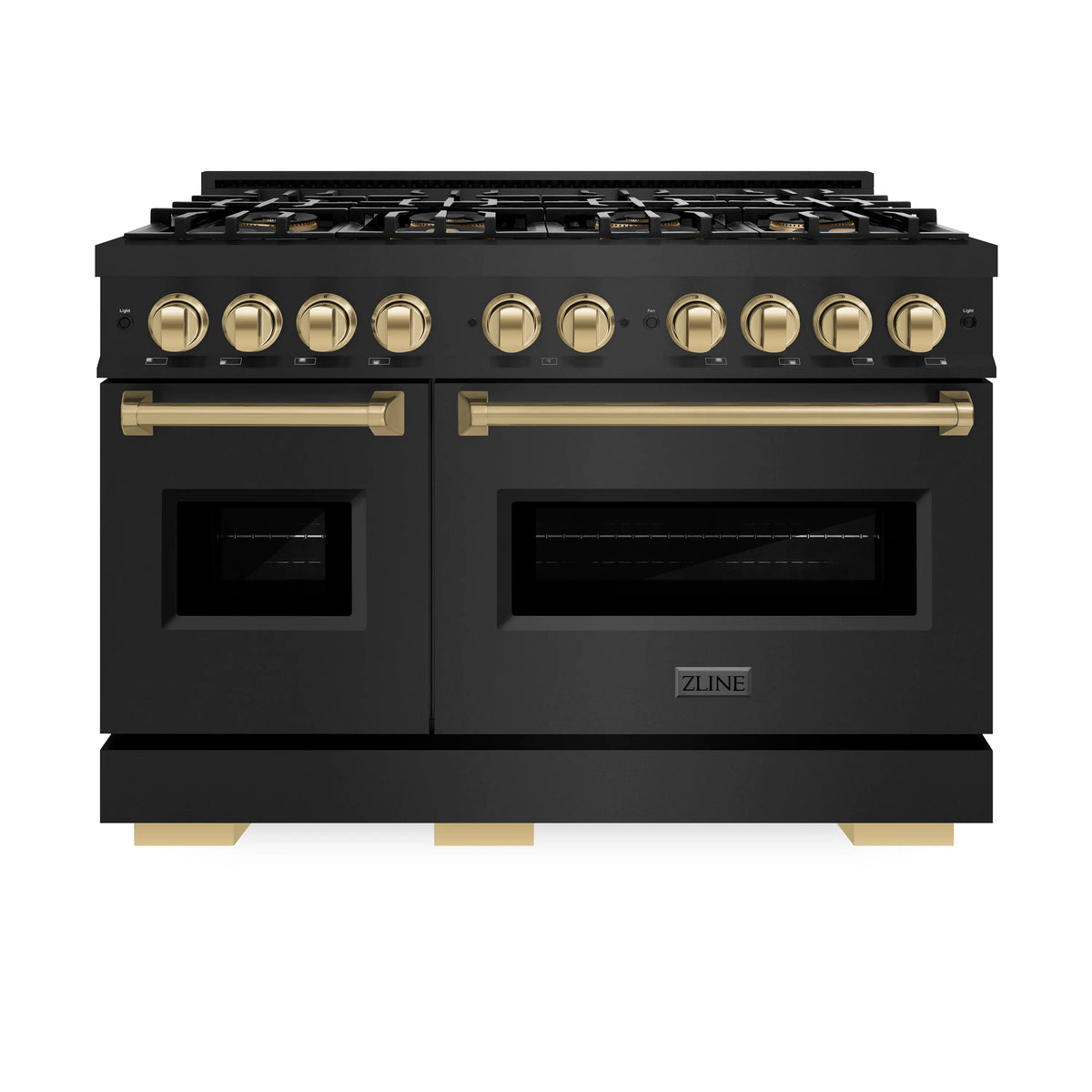 Black range front view with gold control knobs and two dark glass oven windows