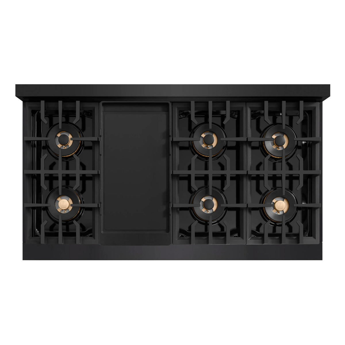 Black dual-fuel cooktop with eight burners and matching burner grates
