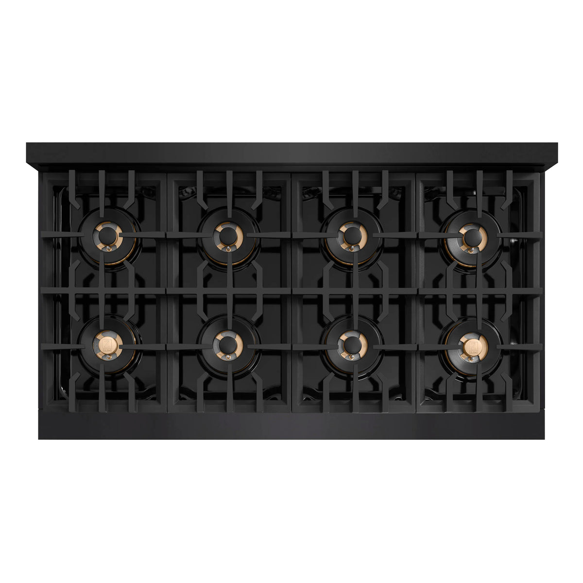 Black dual fuel range cooktop with eight burners and matching grates