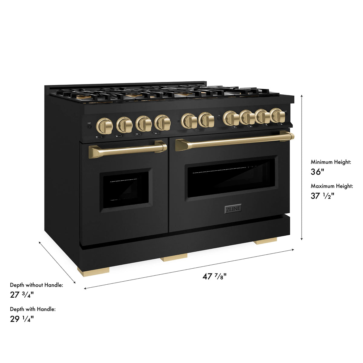 Black dual oven range with eight-burner cooktop and champagne control knobs