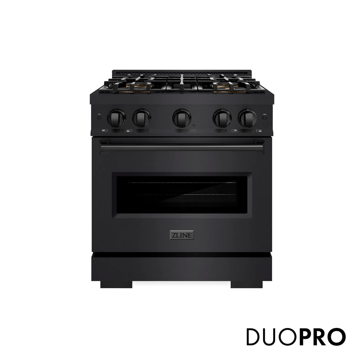 Black gas range front view with four burners and oven with dark window