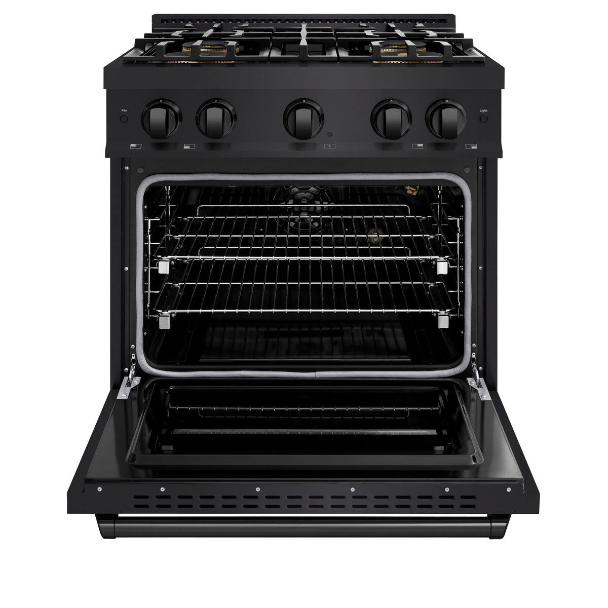 ZLINE convection gas oven interior with open door and wire racks on black range