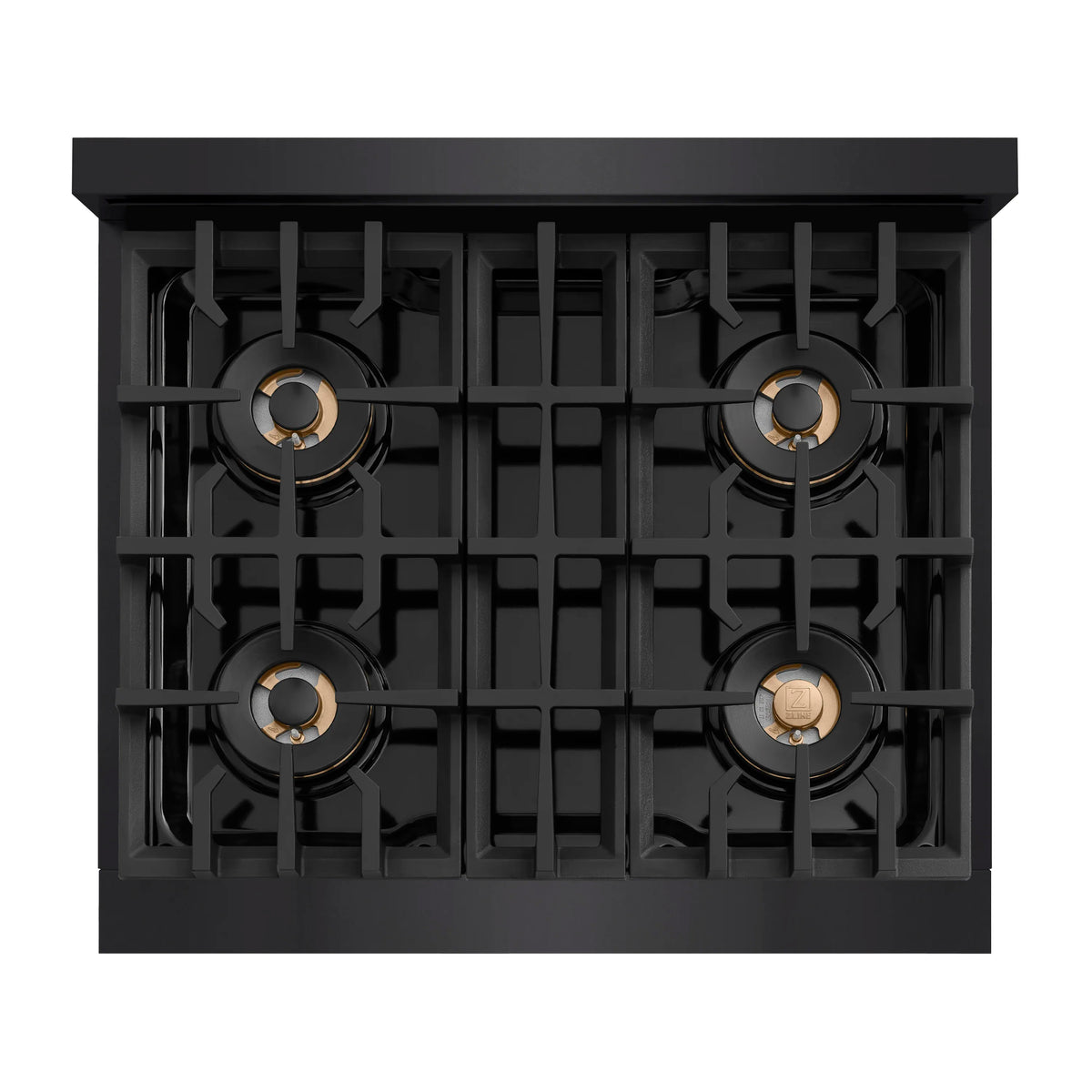 Black gas cooktop with four cast grates and four round burners, top view