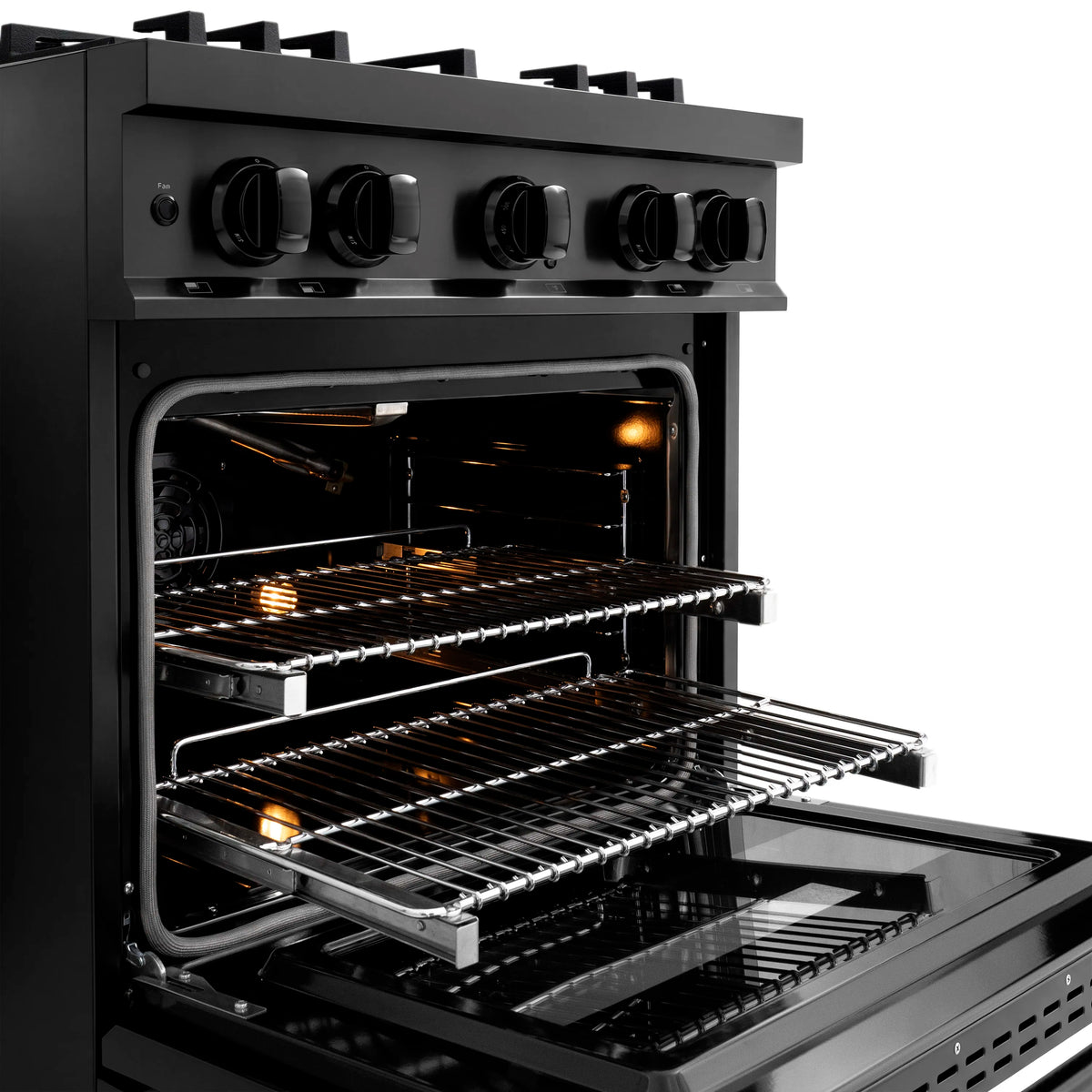 Black convection gas oven with oven racks and broiler compartment, door open
