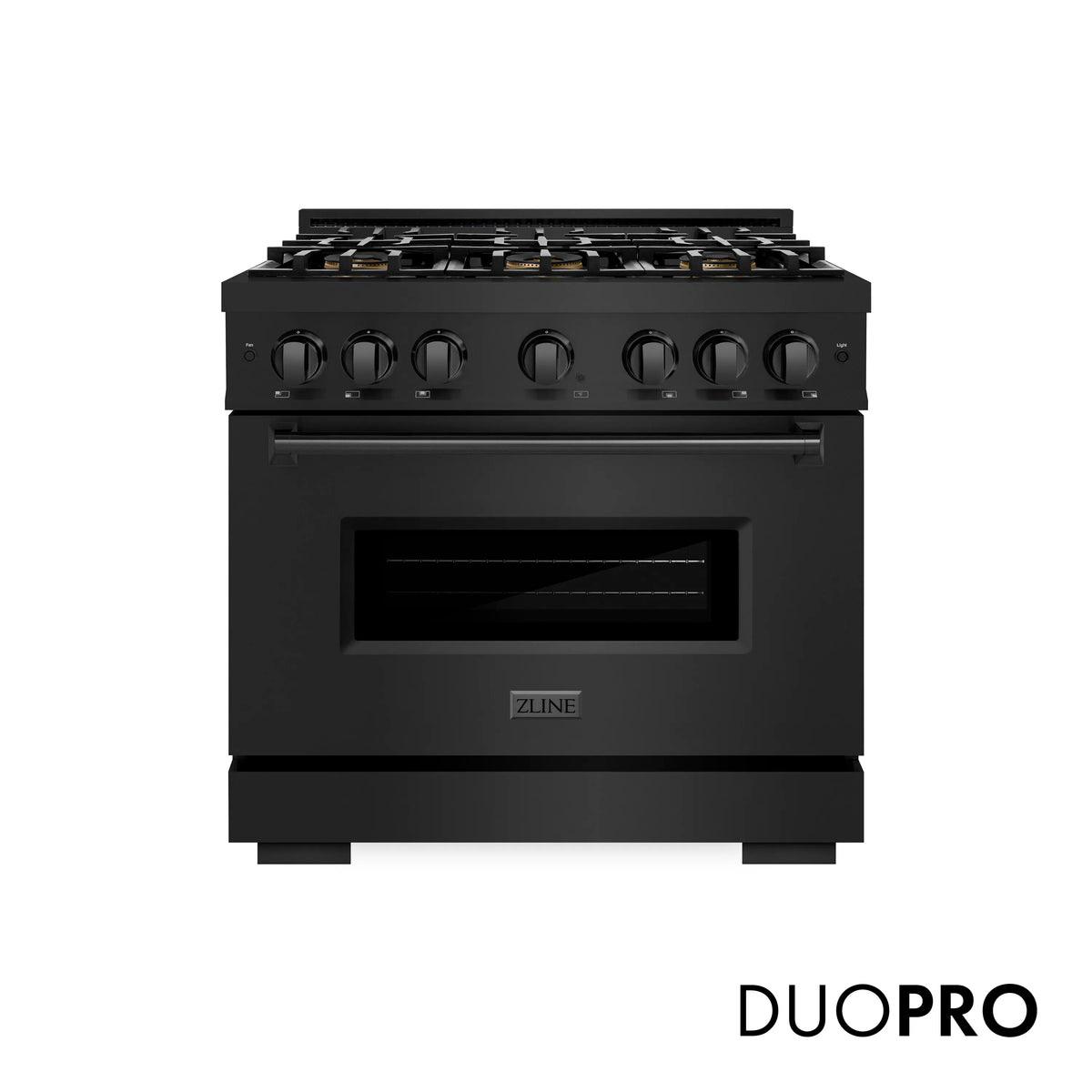 Black stainless ZLINE gas range front view with DUOPRO branding