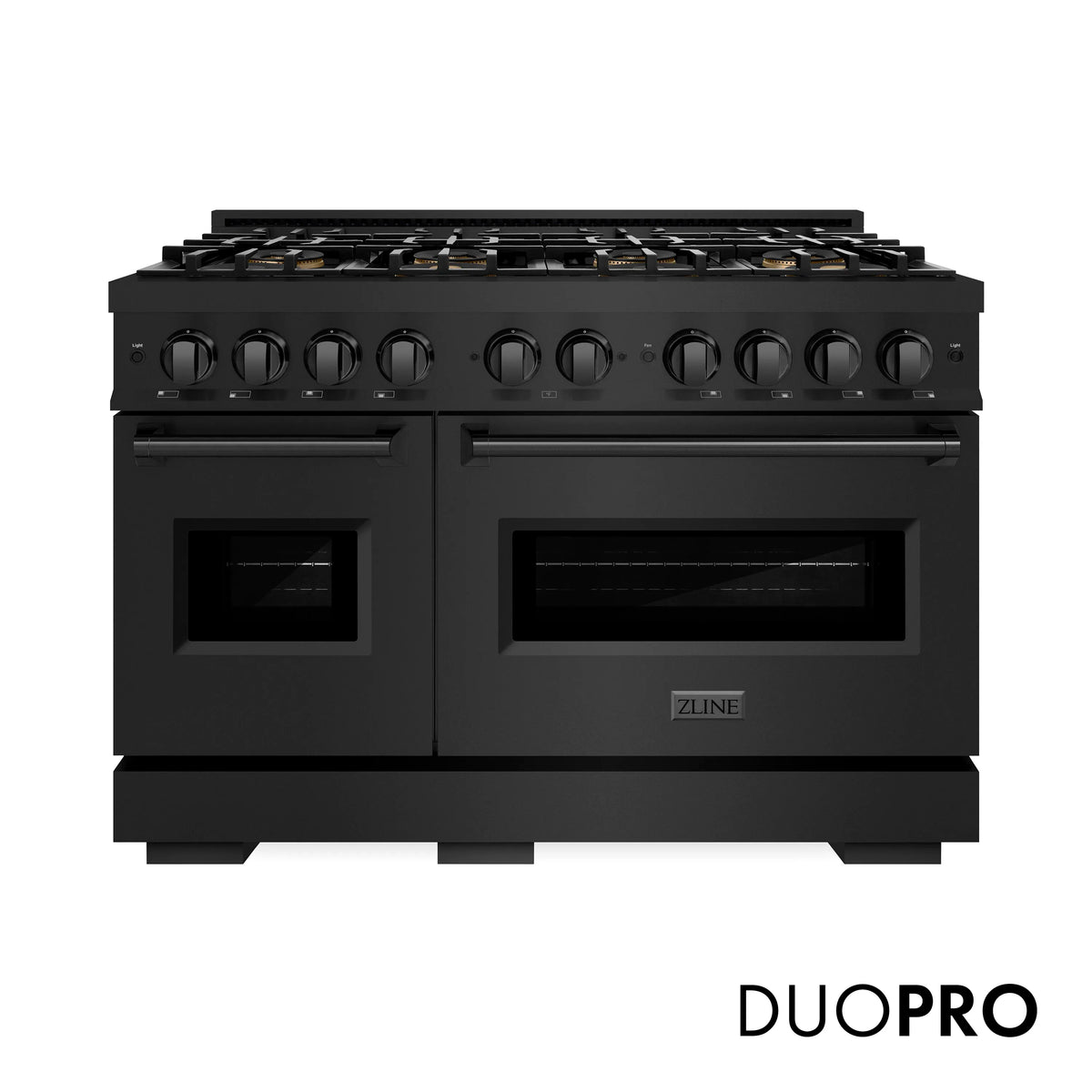 Black gas range with dual ovens and DuoPro cooktop, front view with DUOPRO label