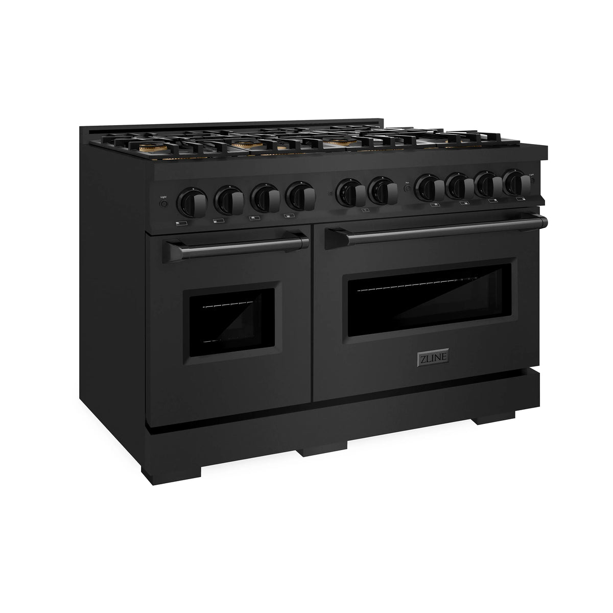 Black stainless gas range with dual ovens and eight-burner cooktop, angled 3/4 view
