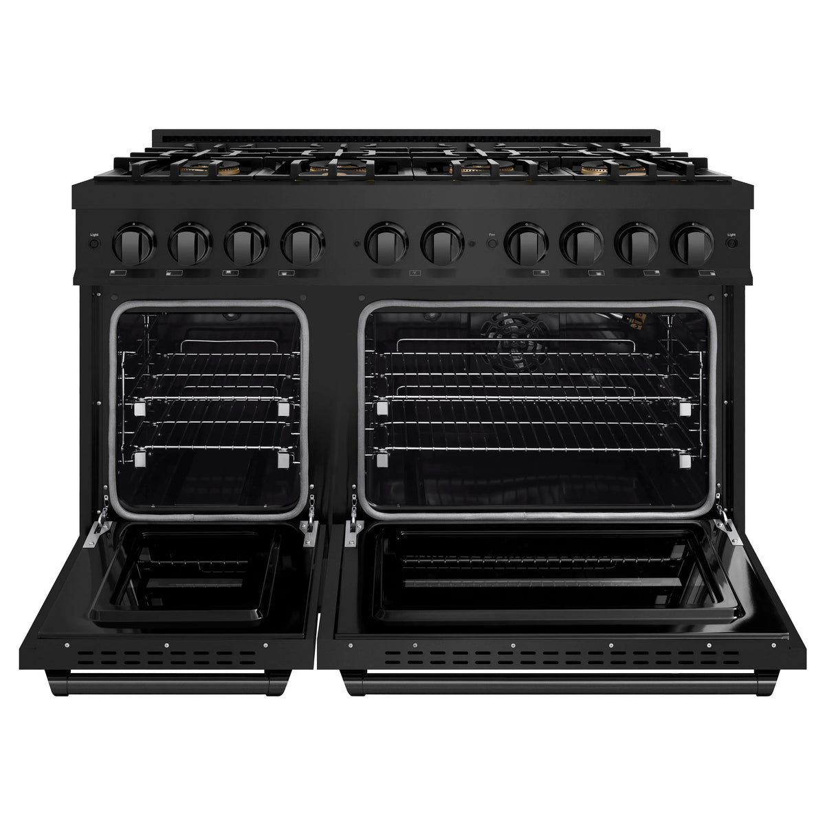 Black dual-oven gas range with cooktop; both oven doors open, revealing racks