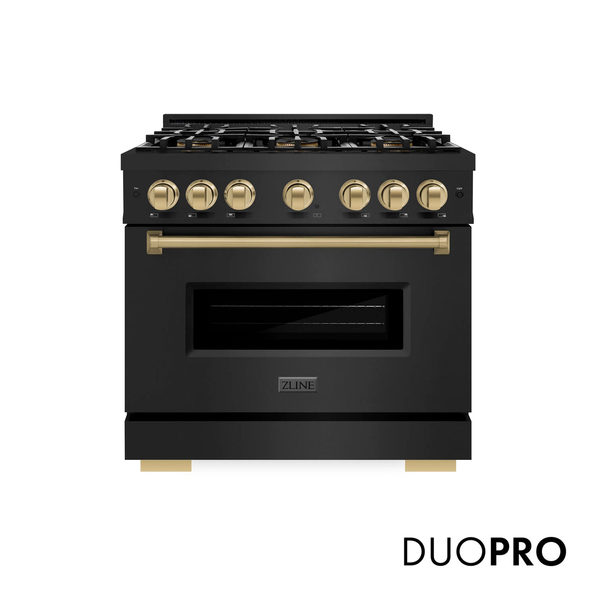 Black gas range front view with bronze control knobs and large oven door window