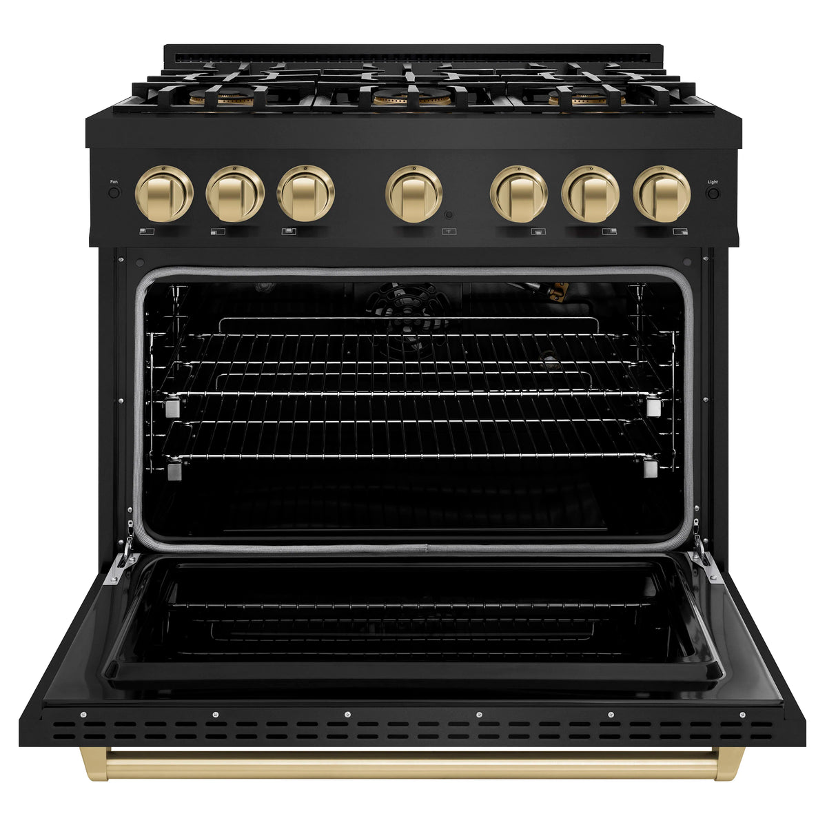Black gas range with oven door open, showing interior racks and burner controls