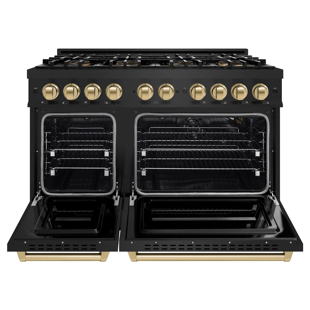 Black gas range with open twin ovens and burners above