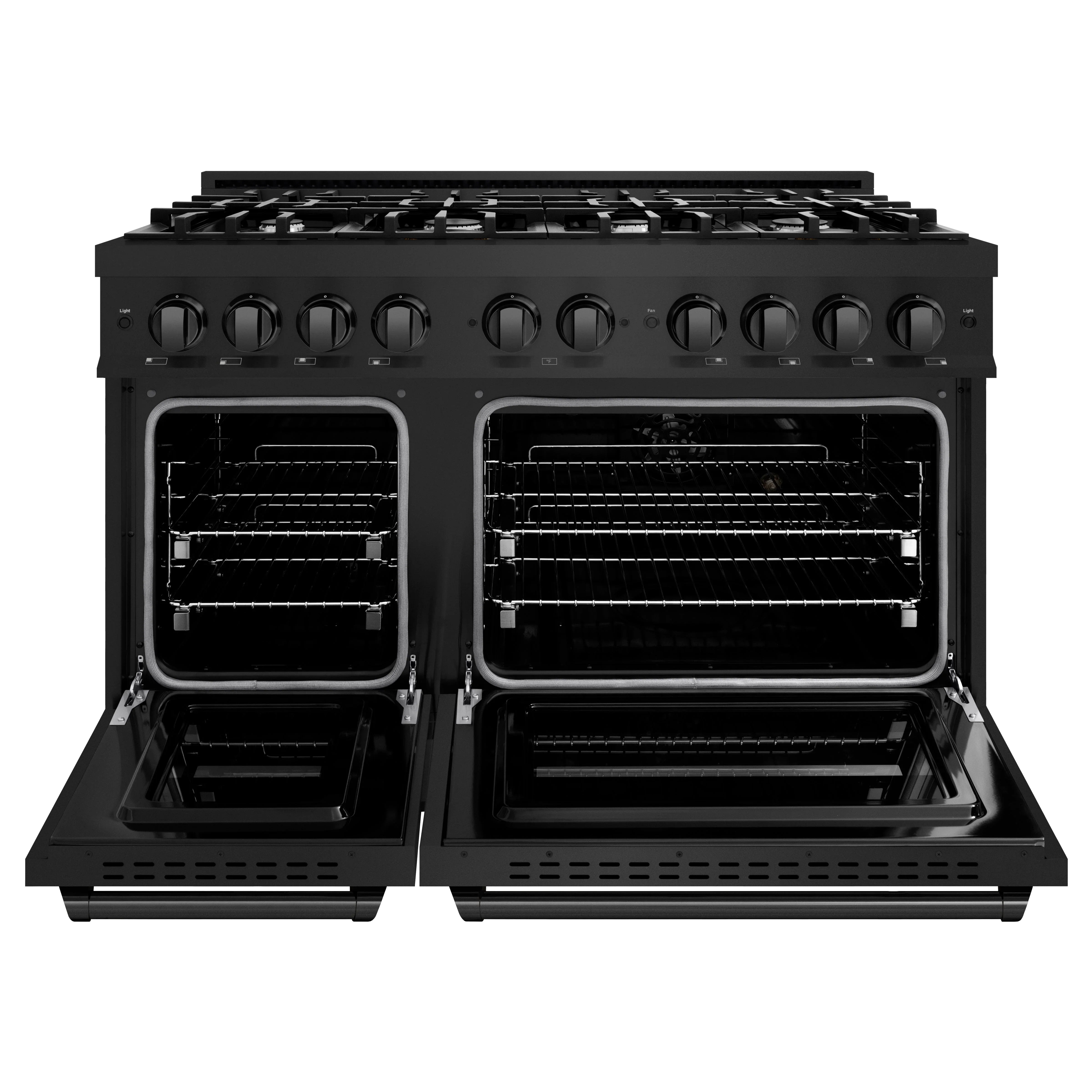 Black gas range with two oven doors open, showing oven racks and interior