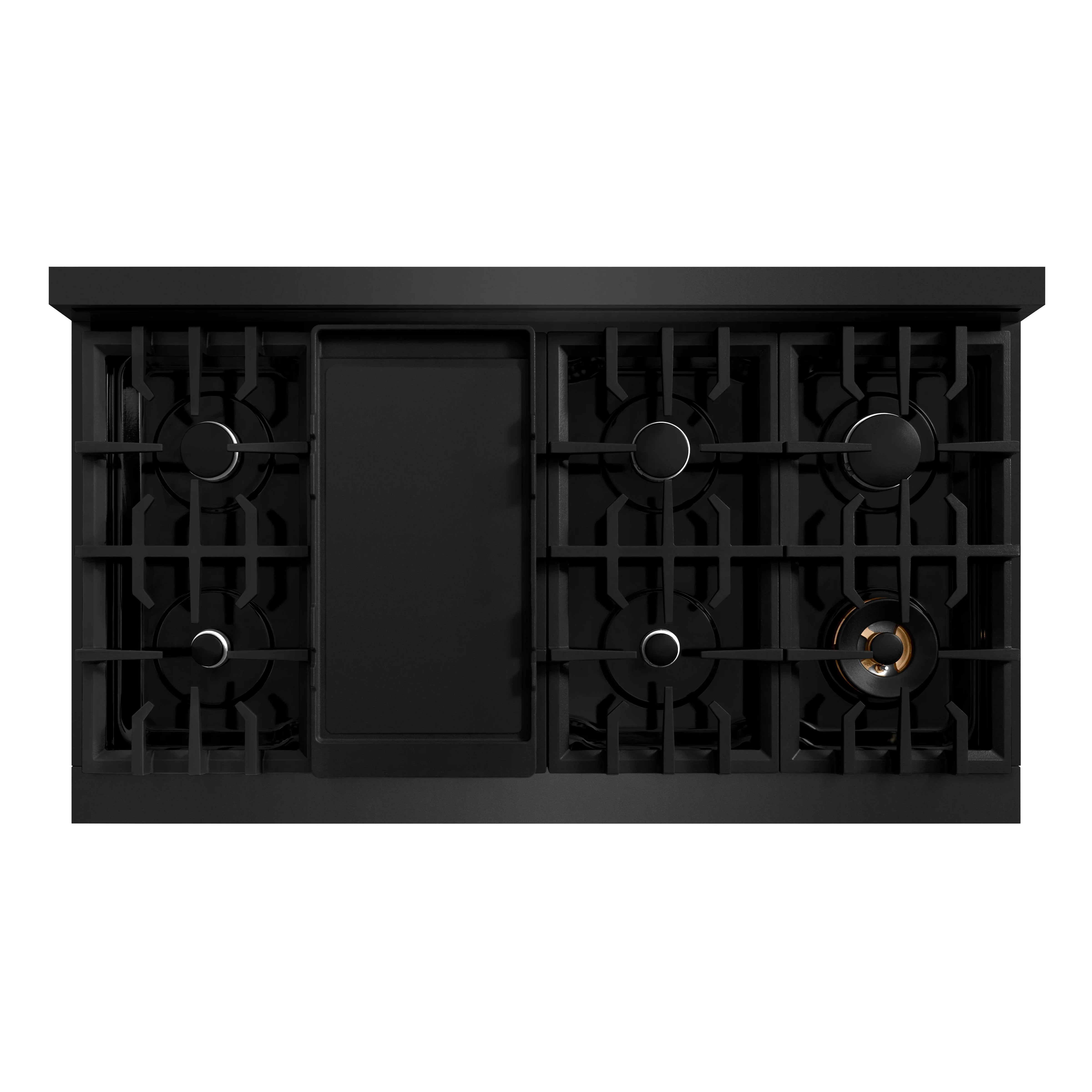 Black gas cooktop base with burner heads exposed and control access panel