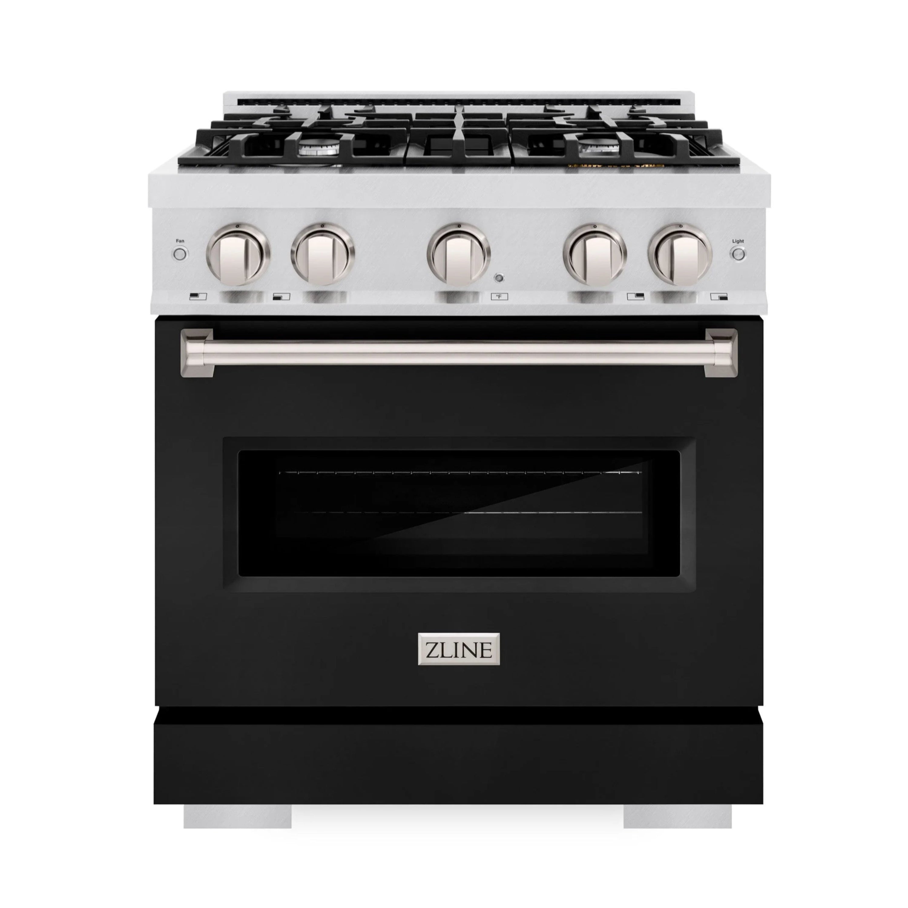 Dual fuel range with satin stainless top, black matte oven door, 4 gas burners