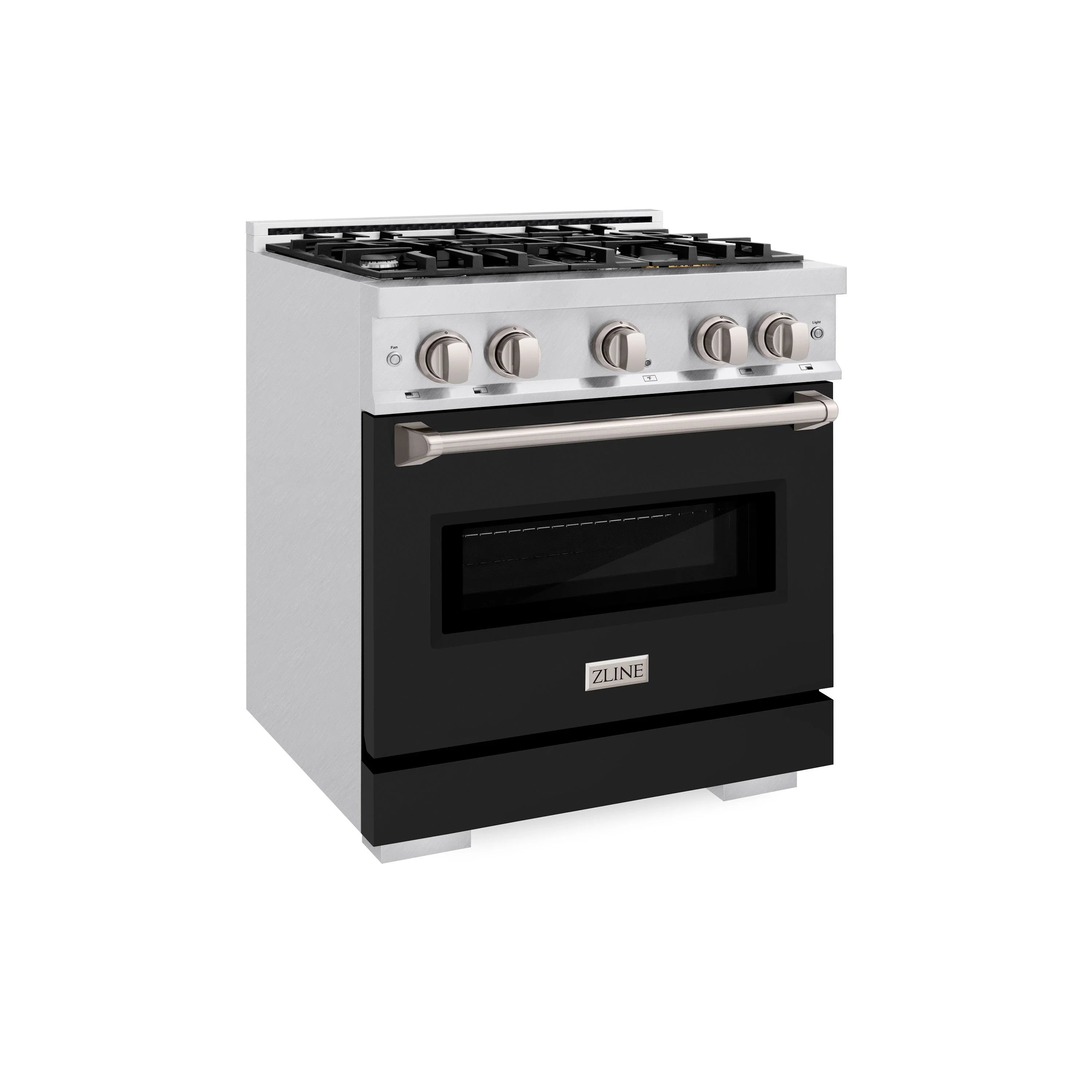 Dual fuel range with satin stainless finish, four knobs, and black matte door