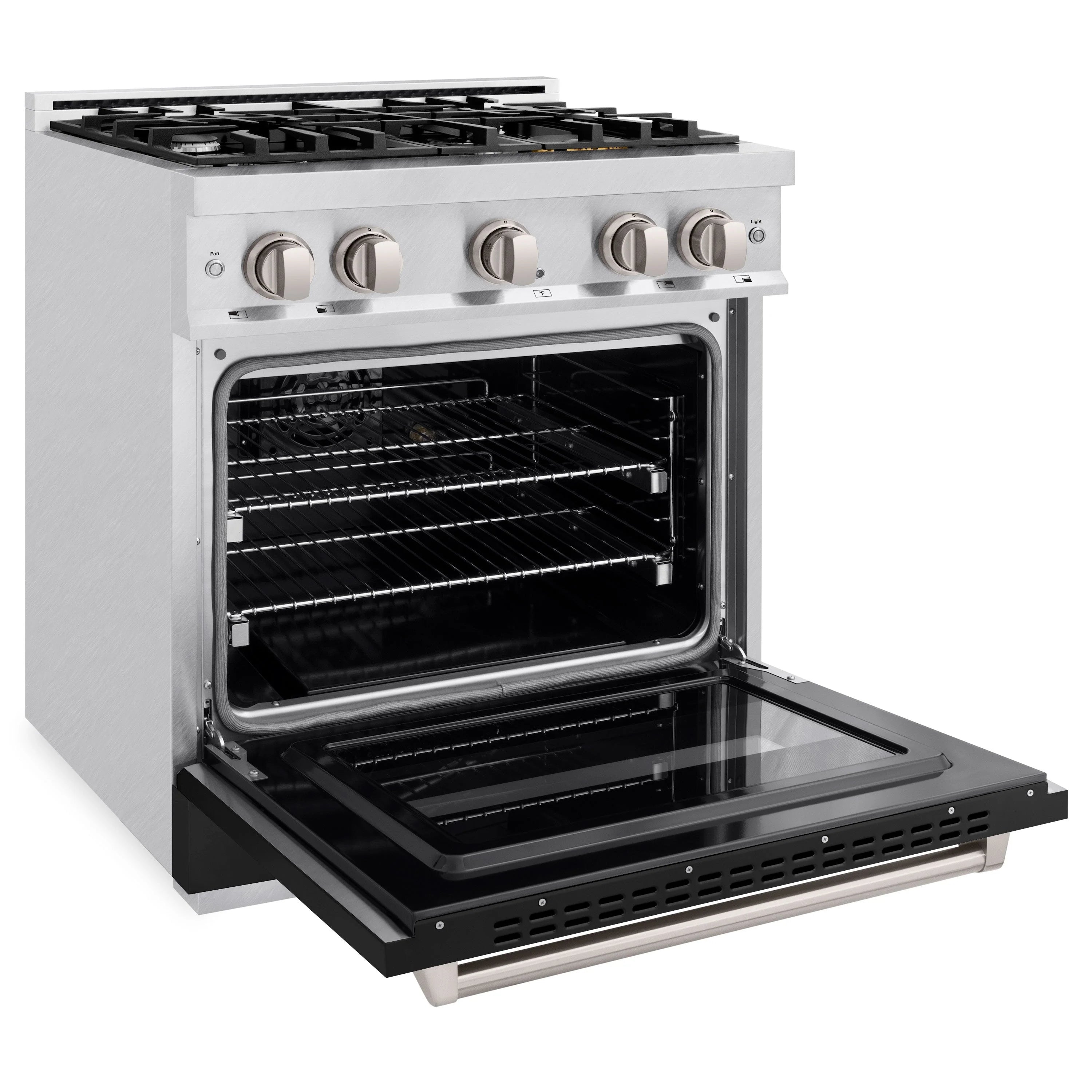 Dual fuel range with oven open, racks inside, satin stainless oven cavity