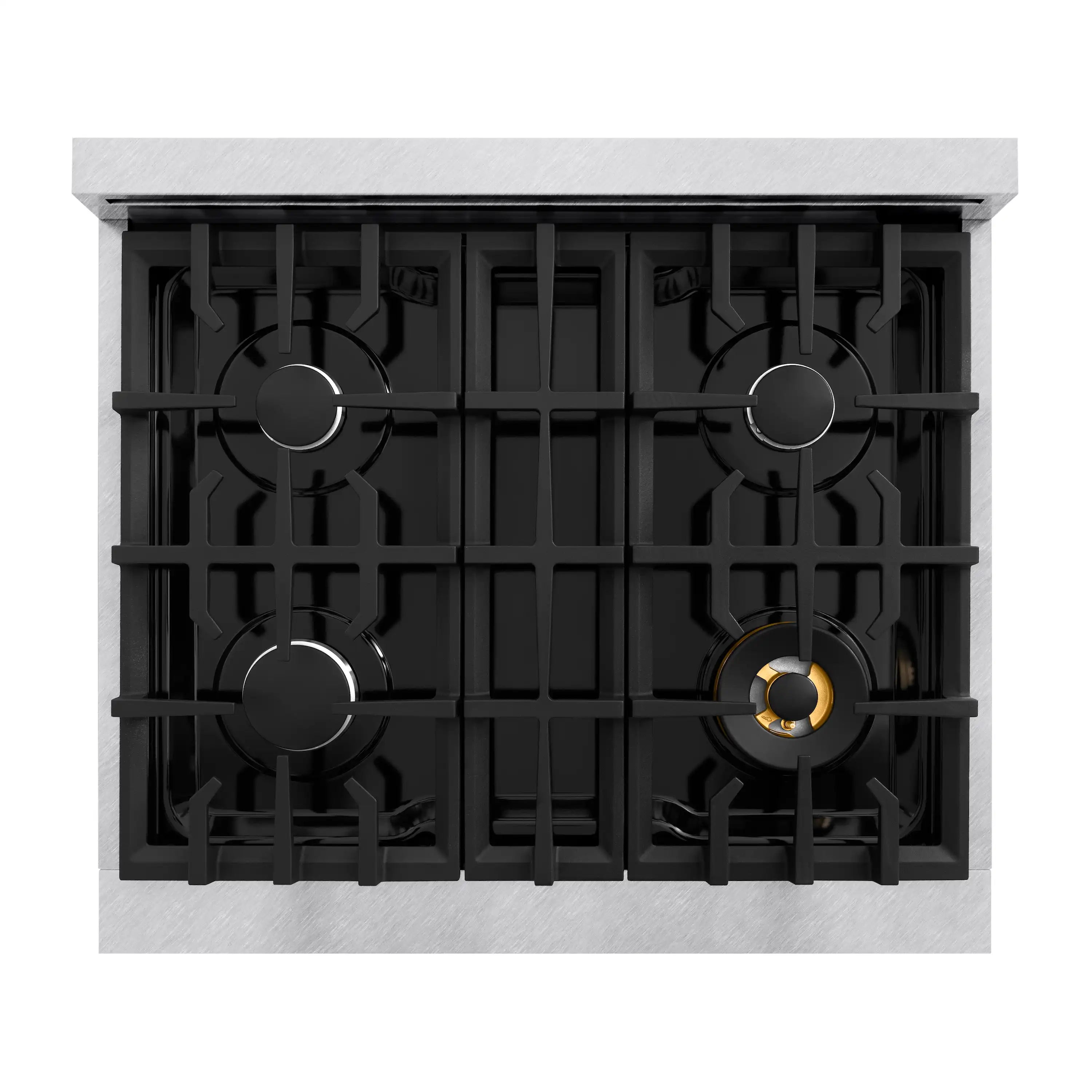 ZLINE dual fuel range cooktop with four cast-iron burner grates in satin stainless steel