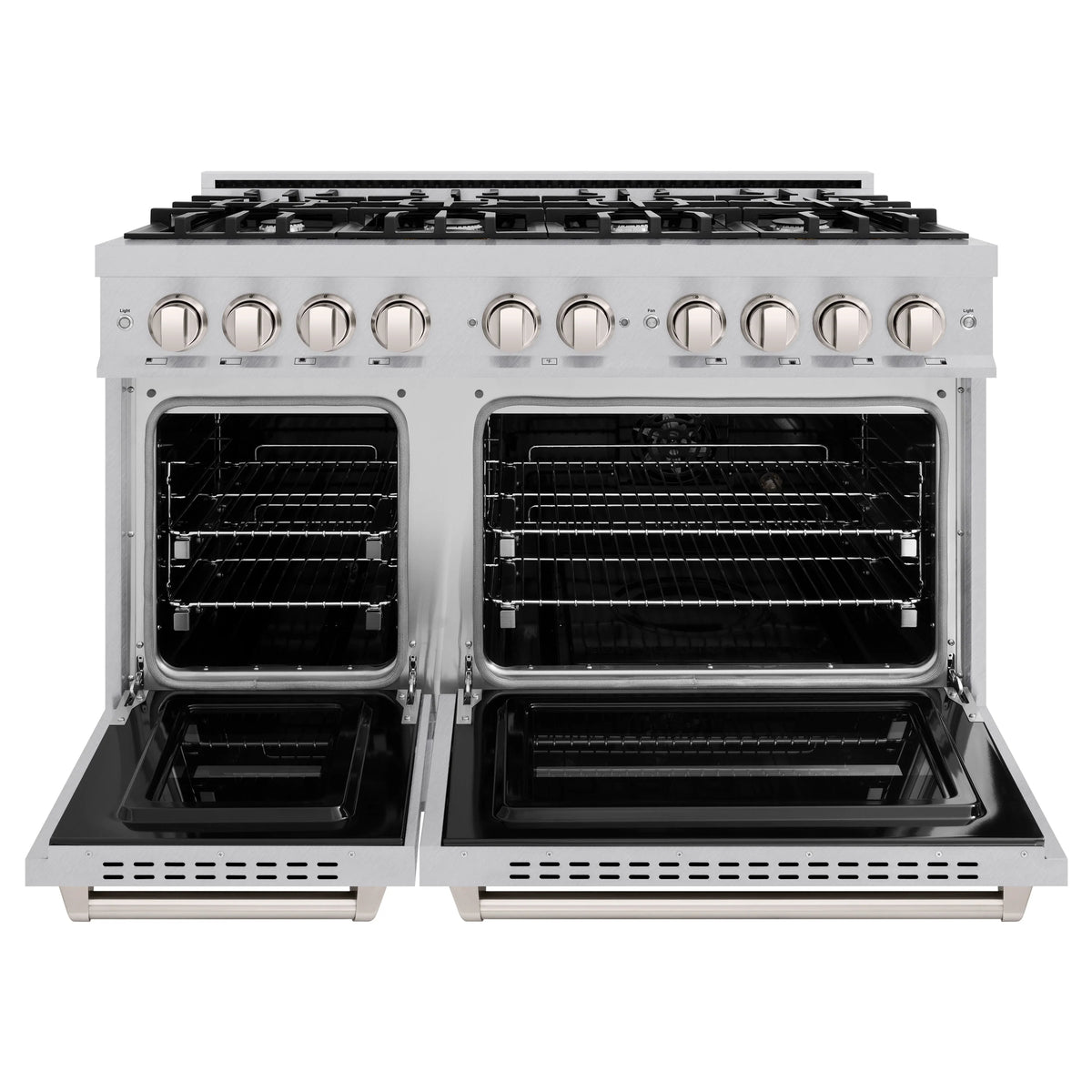Stainless dual fuel range with both oven doors open, showing empty oven interiors