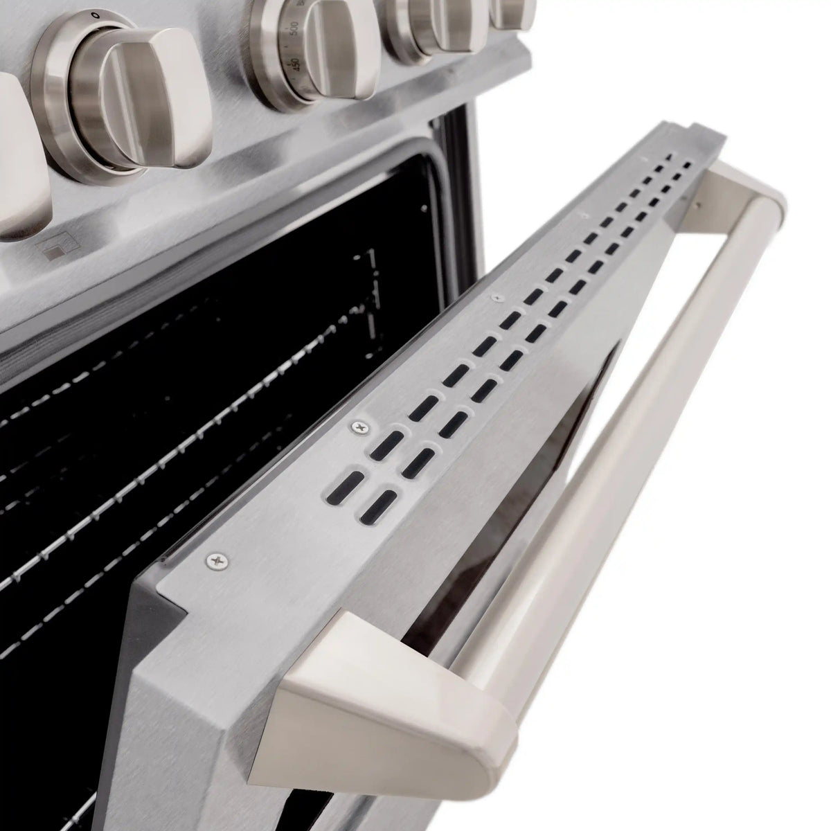 Satin stainless steel range door handle and oven vent panel detail