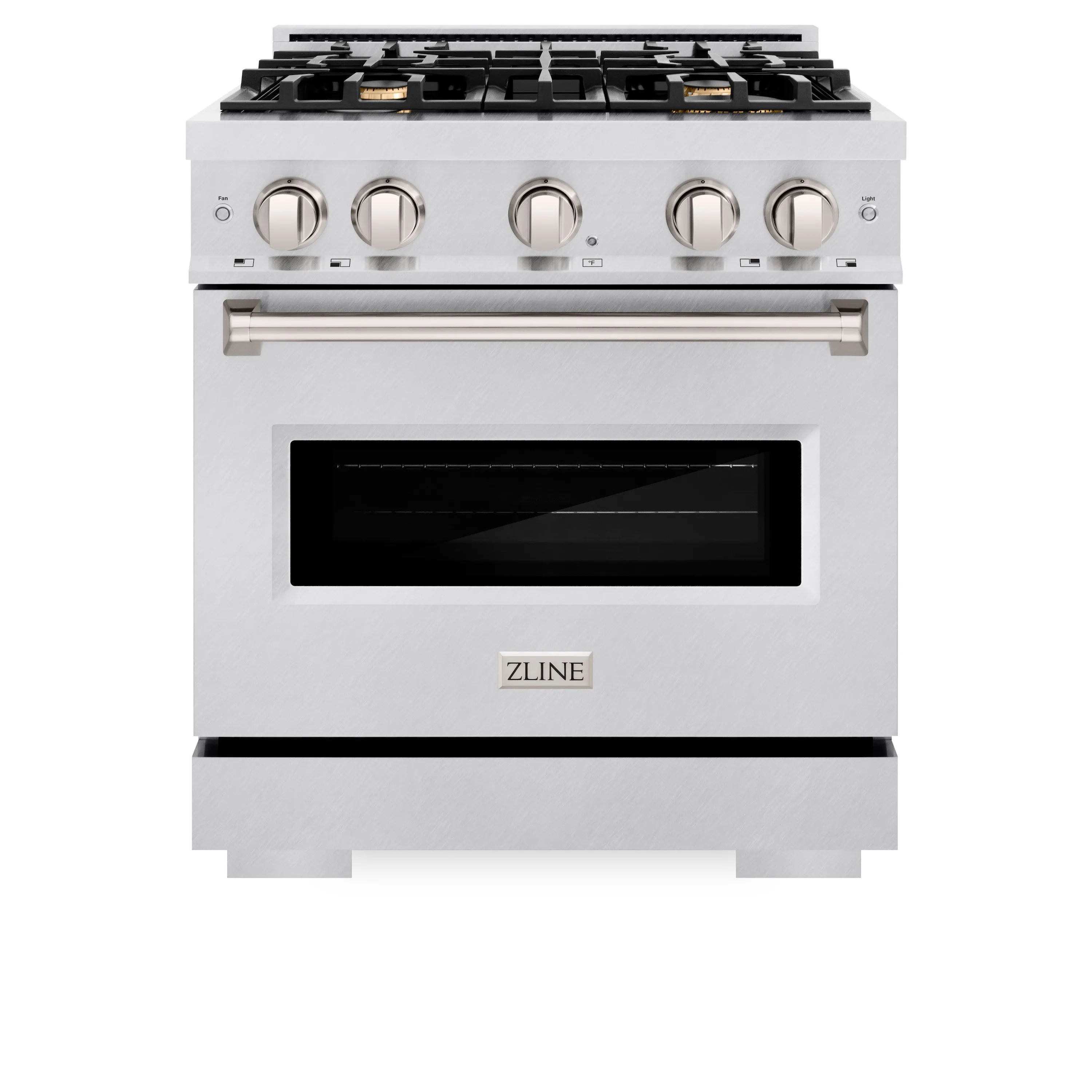 Satin stainless steel dual fuel range with front control knobs and oven window