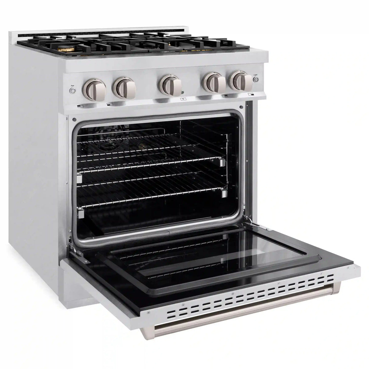 Satin stainless steel range with open oven door and black baking cavity