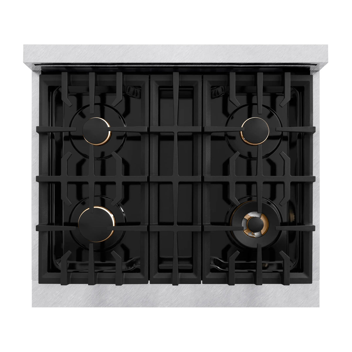 Four-burner gas cooktop with black grates and round burner caps