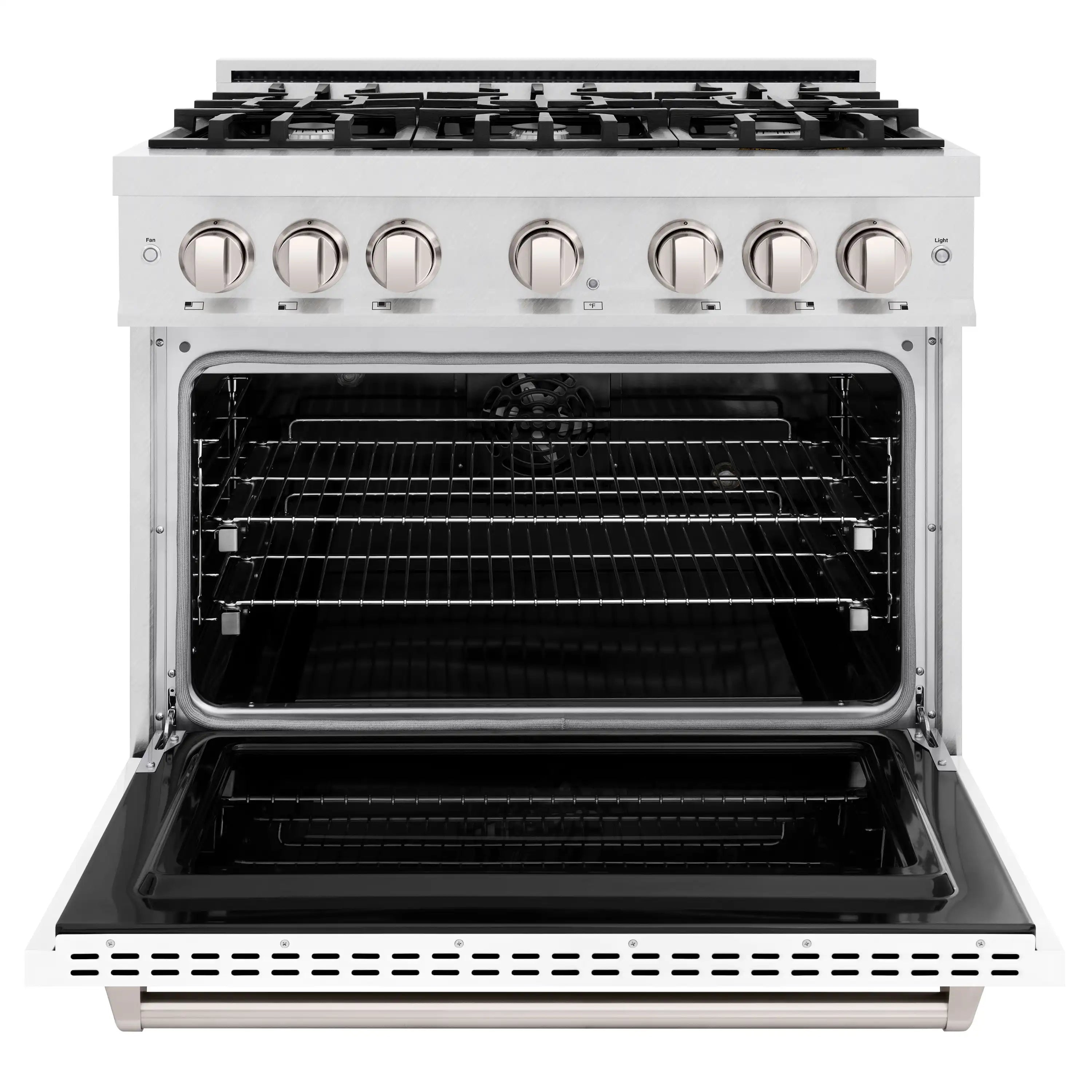 Dual fuel range oven cavity with open door and wire racks