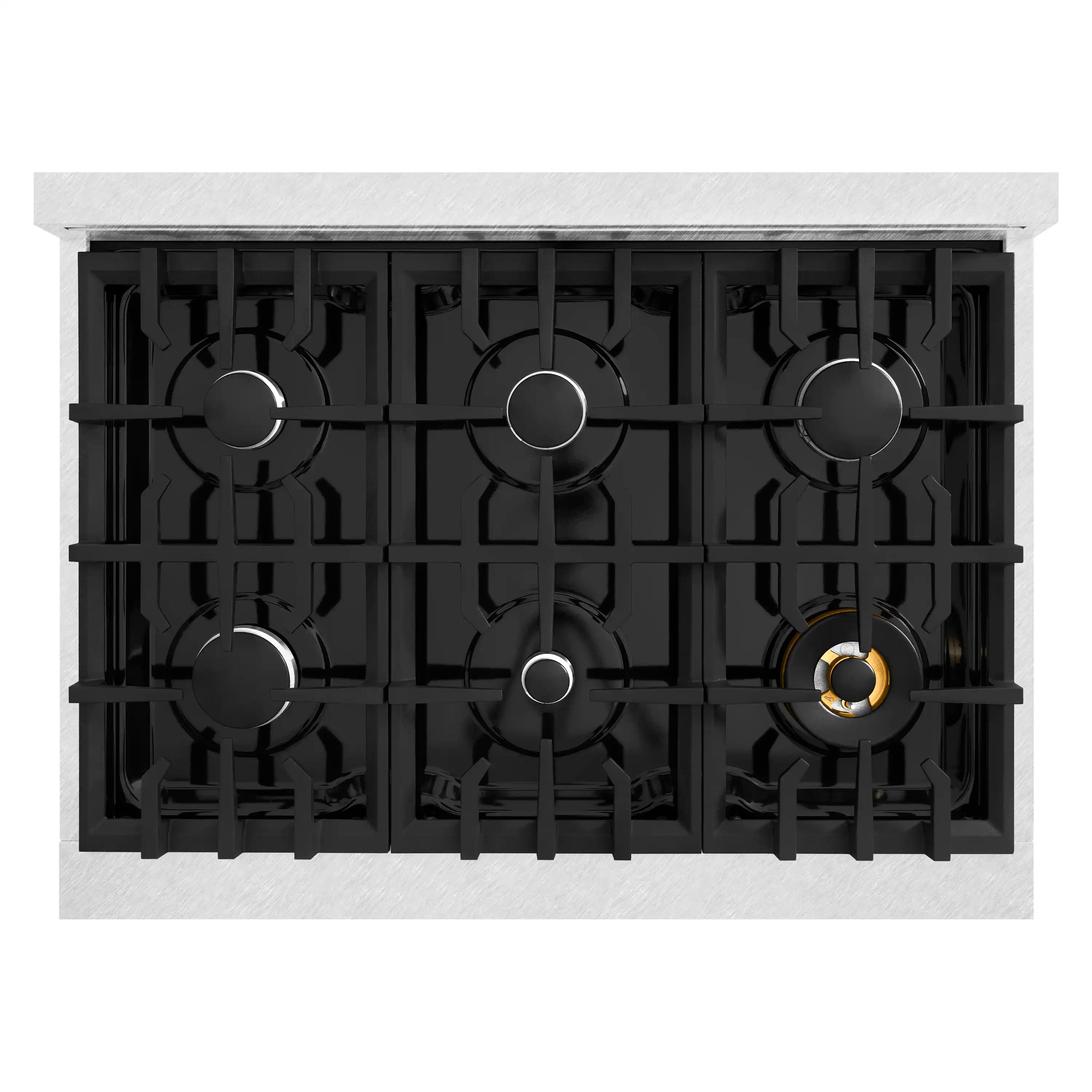 Dual fuel range cooktop grates with burner layout and control knob