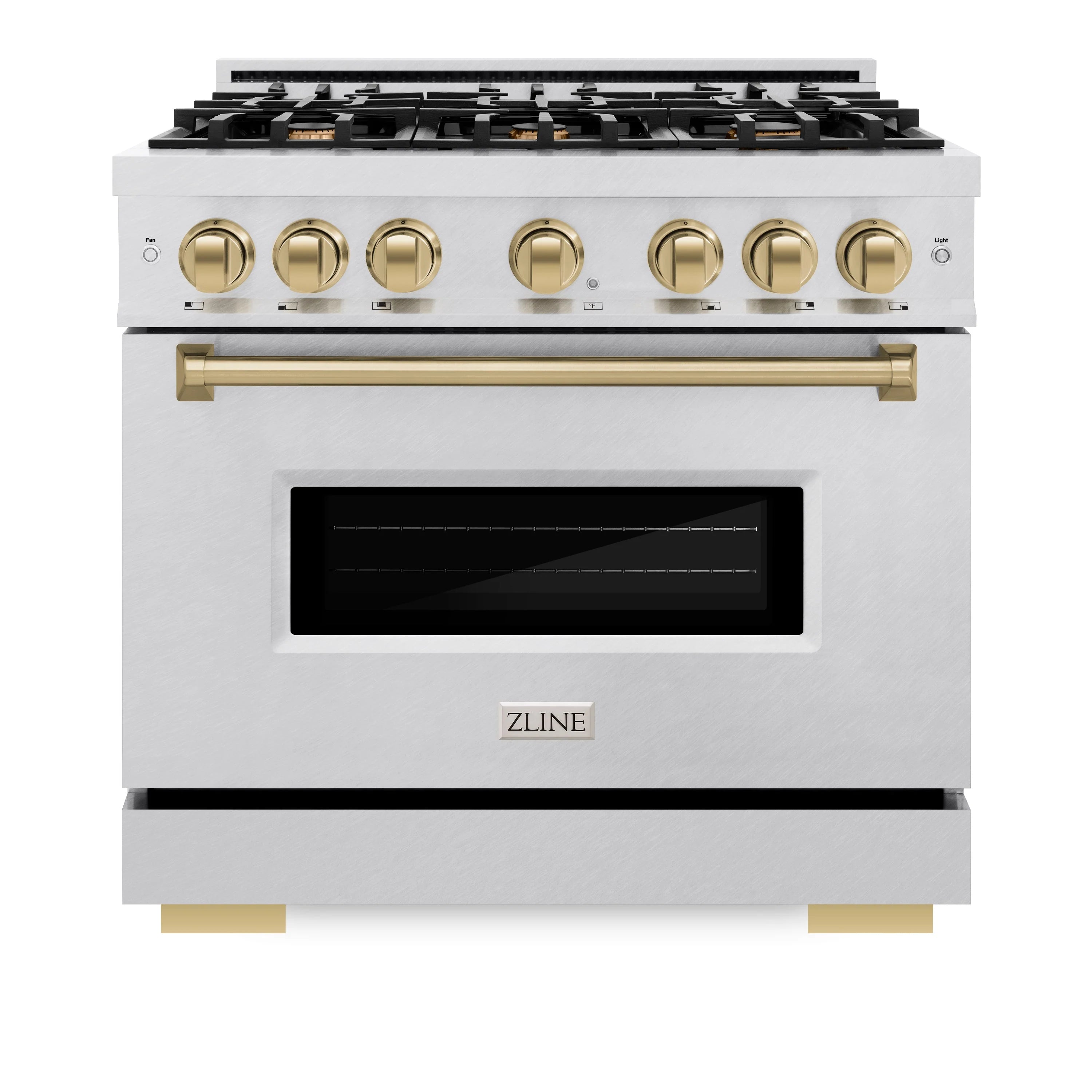 Satin stainless dual-fuel range with 6 gas burners, bronze knobs, and oven door