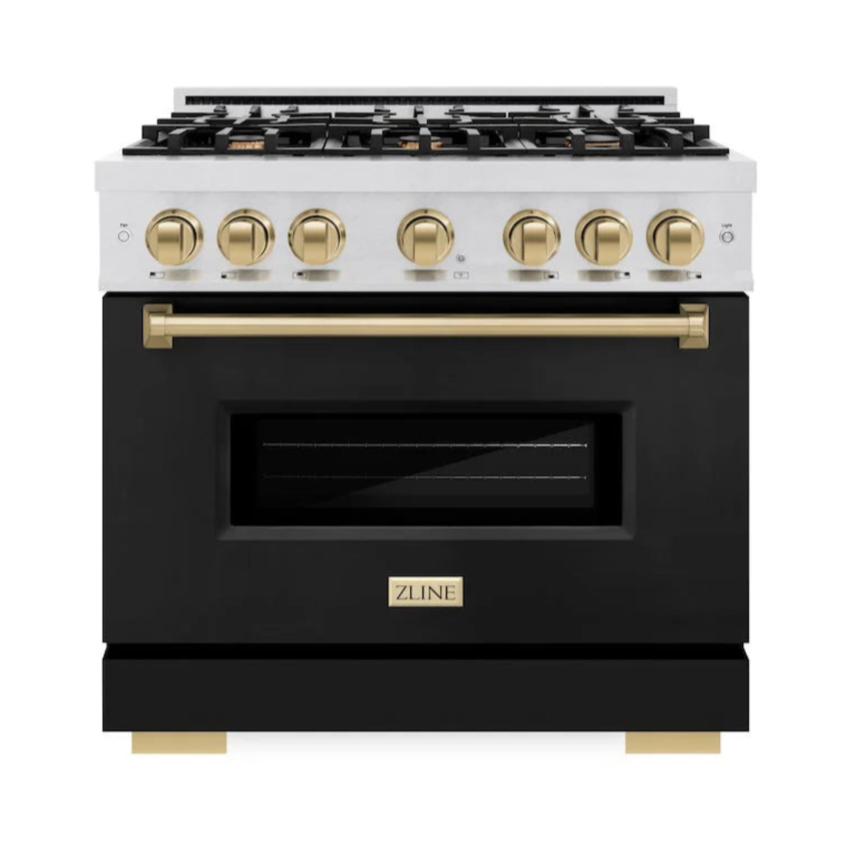 Dual fuel range front with black oven door and champagne bronze control knobs