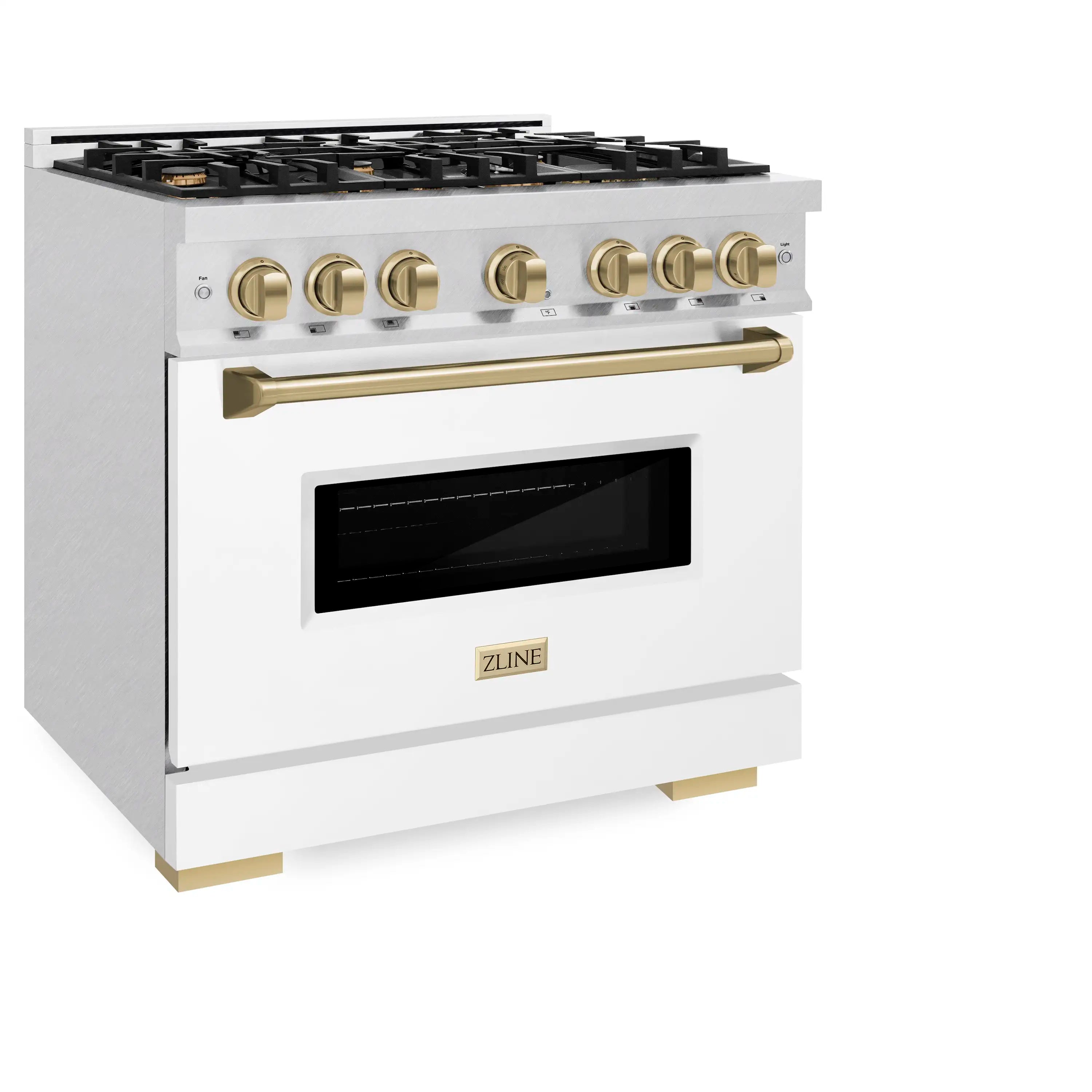 White dual fuel range with gold control knobs, gold handle, and oven window