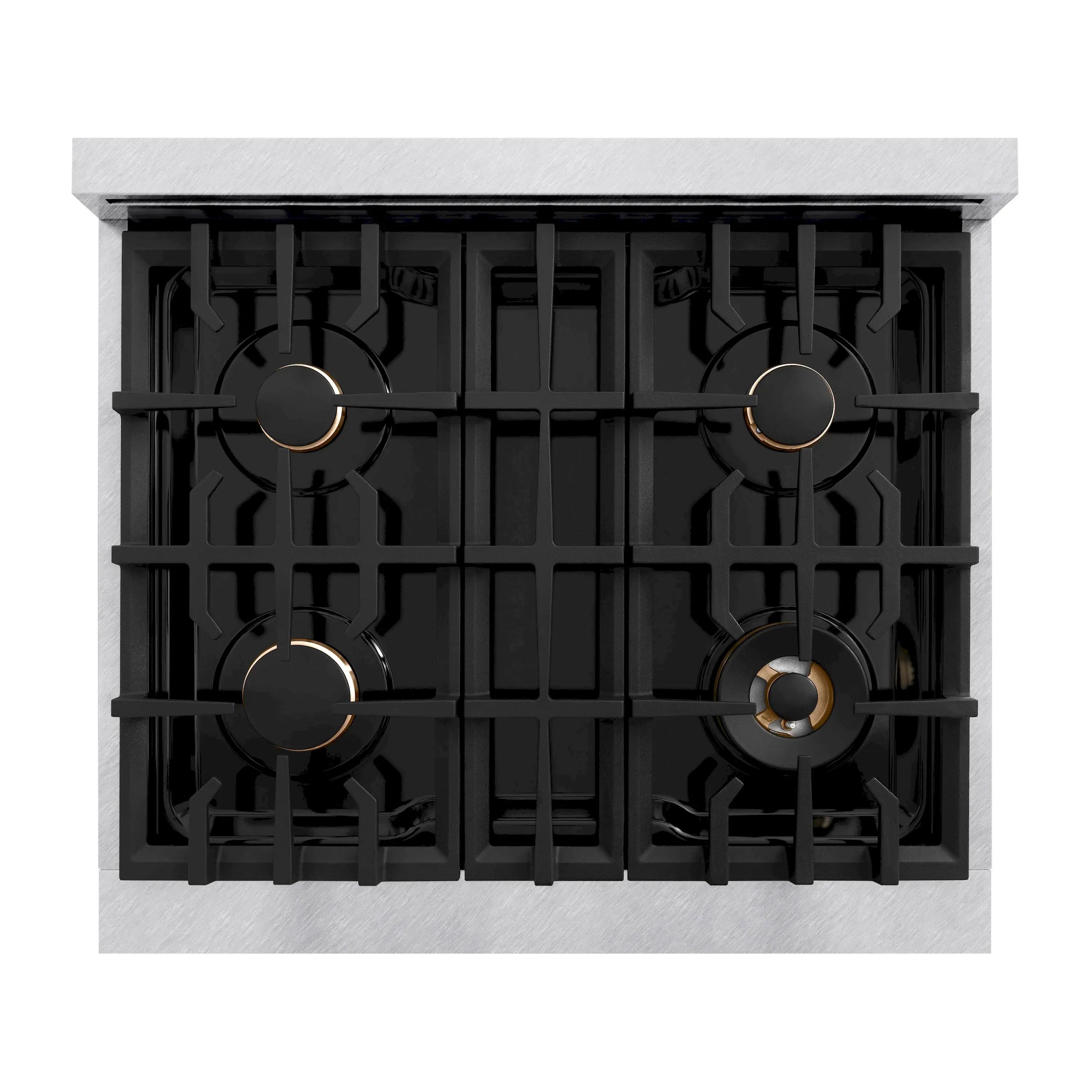 Top view of dual fuel range cooktop with four black grates and gold-centered burner knob