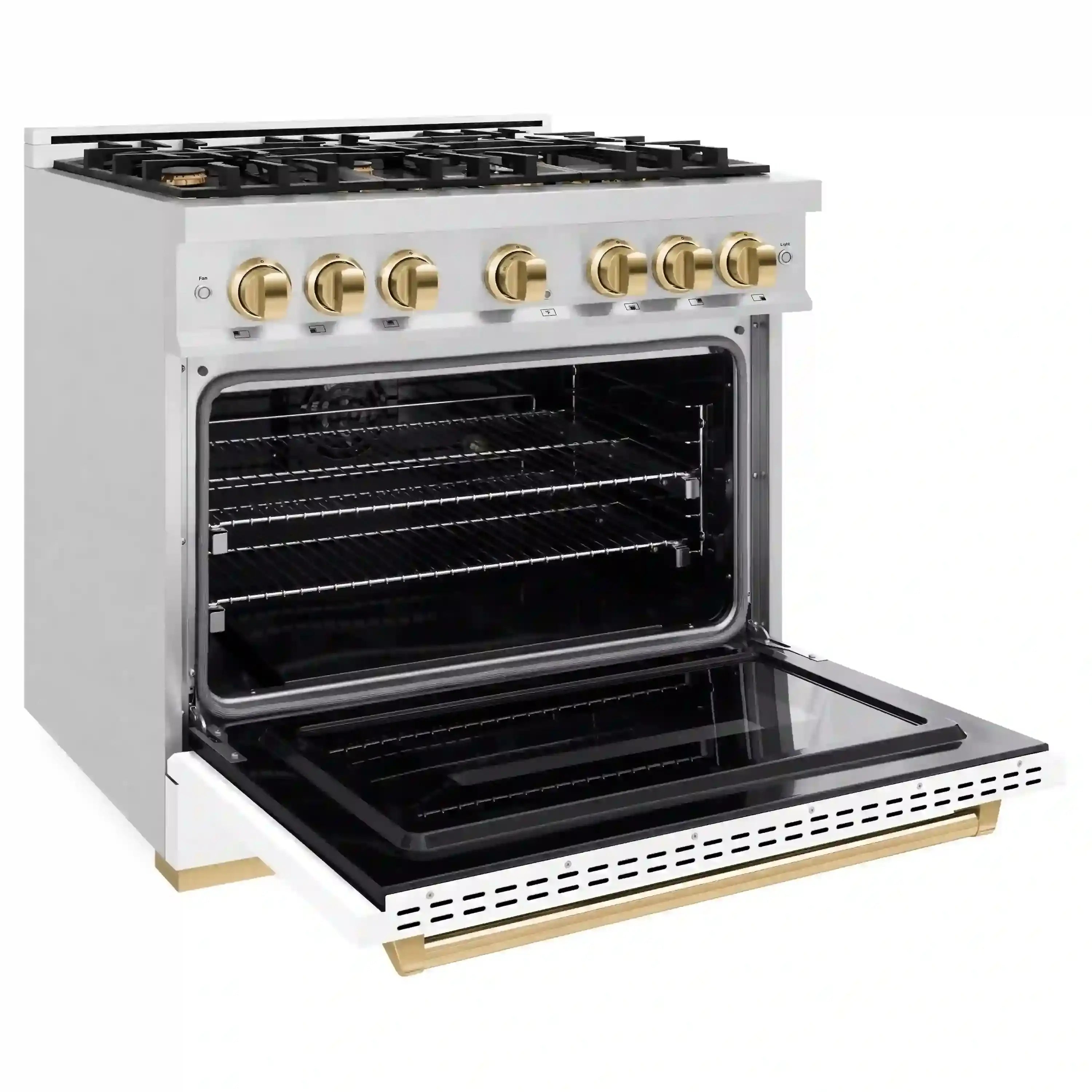 Dual fuel range with open black oven door, gold handle, and brass-colored control knobs
