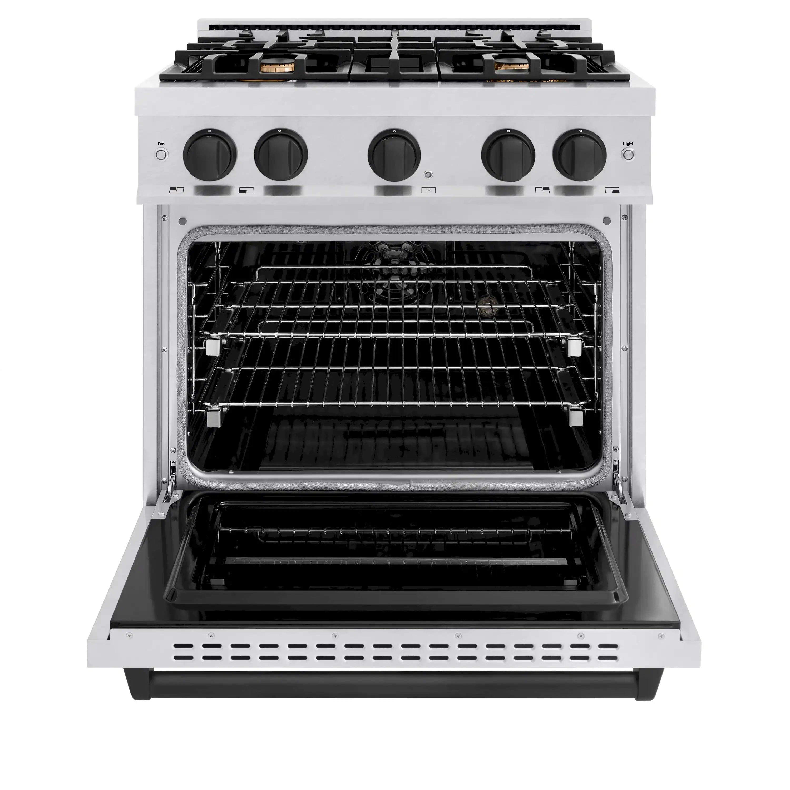 Satin stainless dual fuel range open oven cavity with wire oven rack